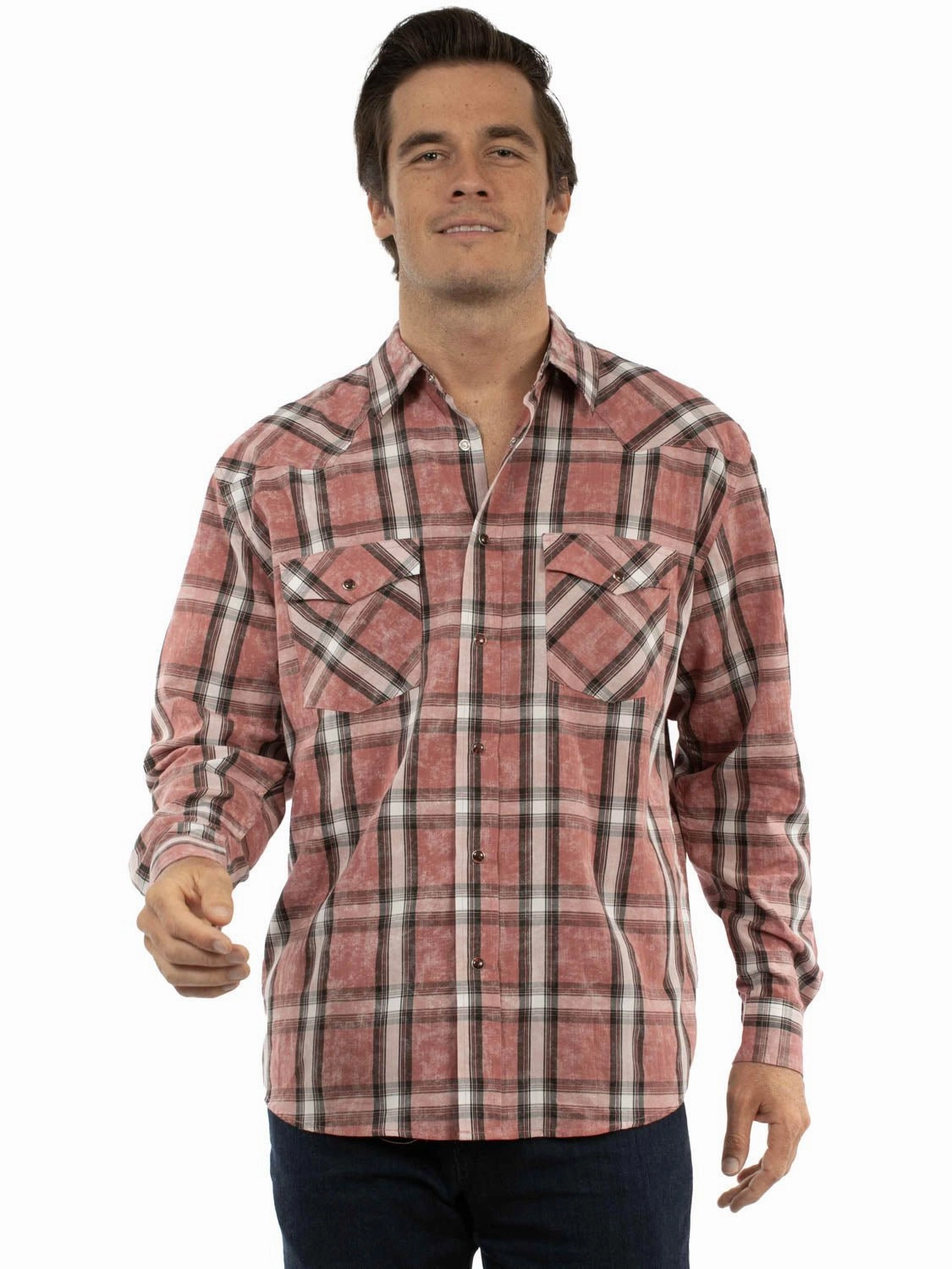 Scully Mens Worn Washed Plaid Red 100% Cotton L/S Shirt Button-up Non Iron Material