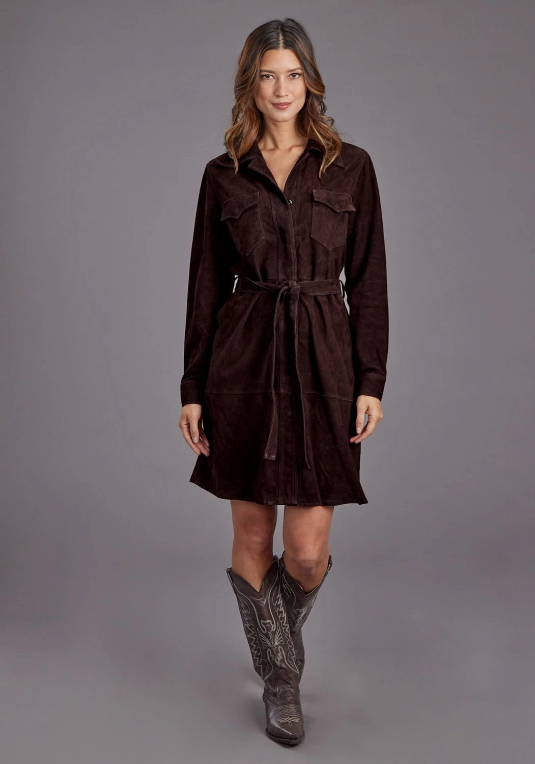 Basic Style Stetson Womens Western Shirt Chocolate Brown Lambskin L/S Dress