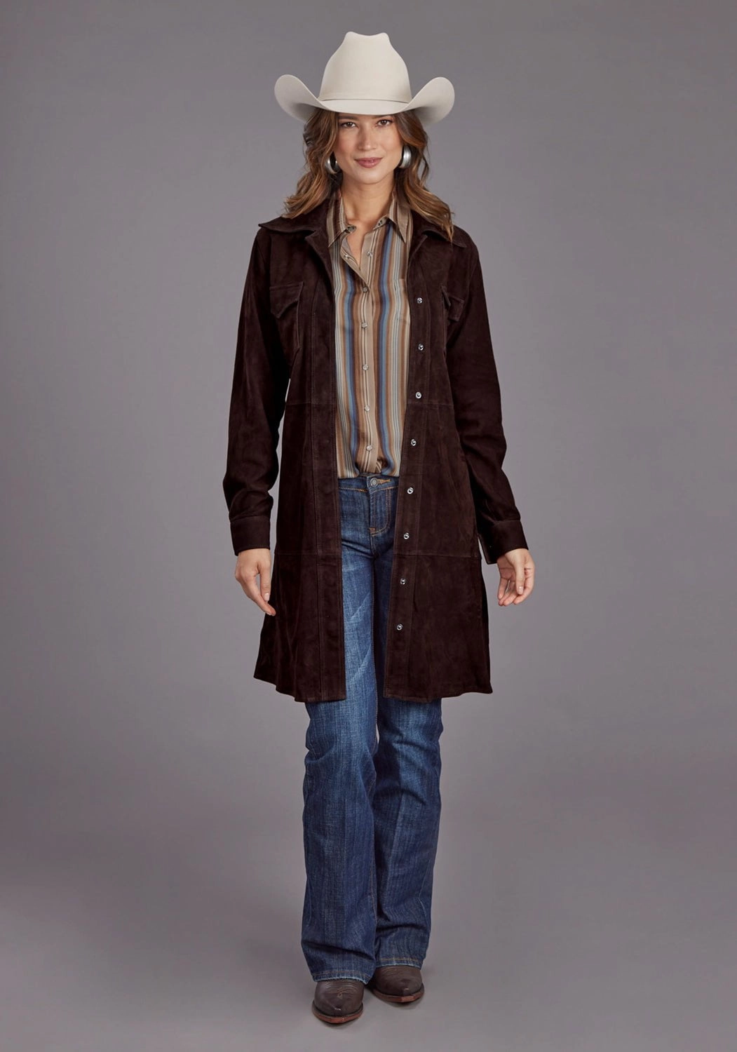 Stetson Womens Western Shirt Chocolate Brown Lambskin L/S Dress Jewel Tones