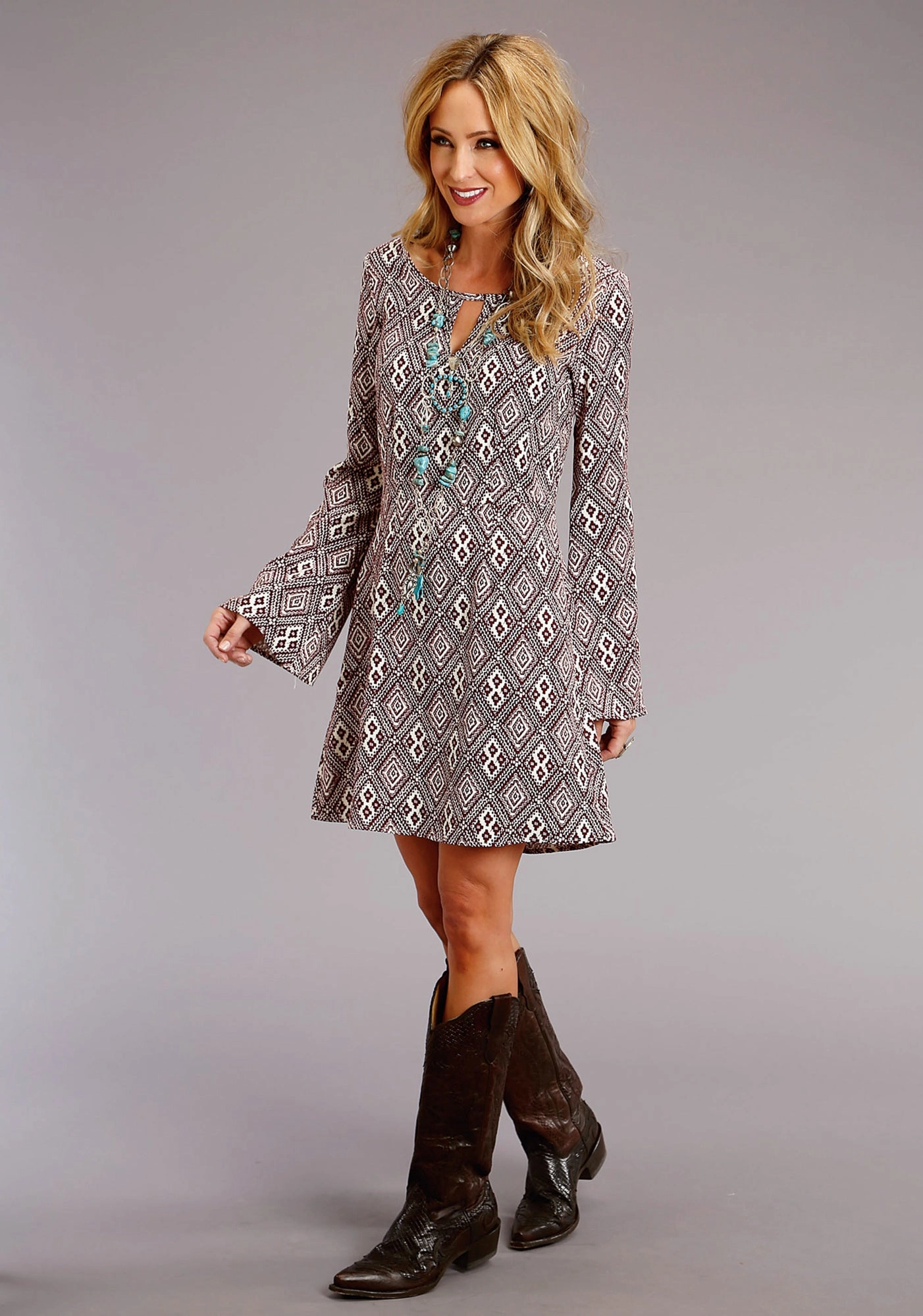 Stetson Womens Keyhole Neckline Aztec Wine 100% Rayon L/S Dress 2 Natural Texture Street Trend
