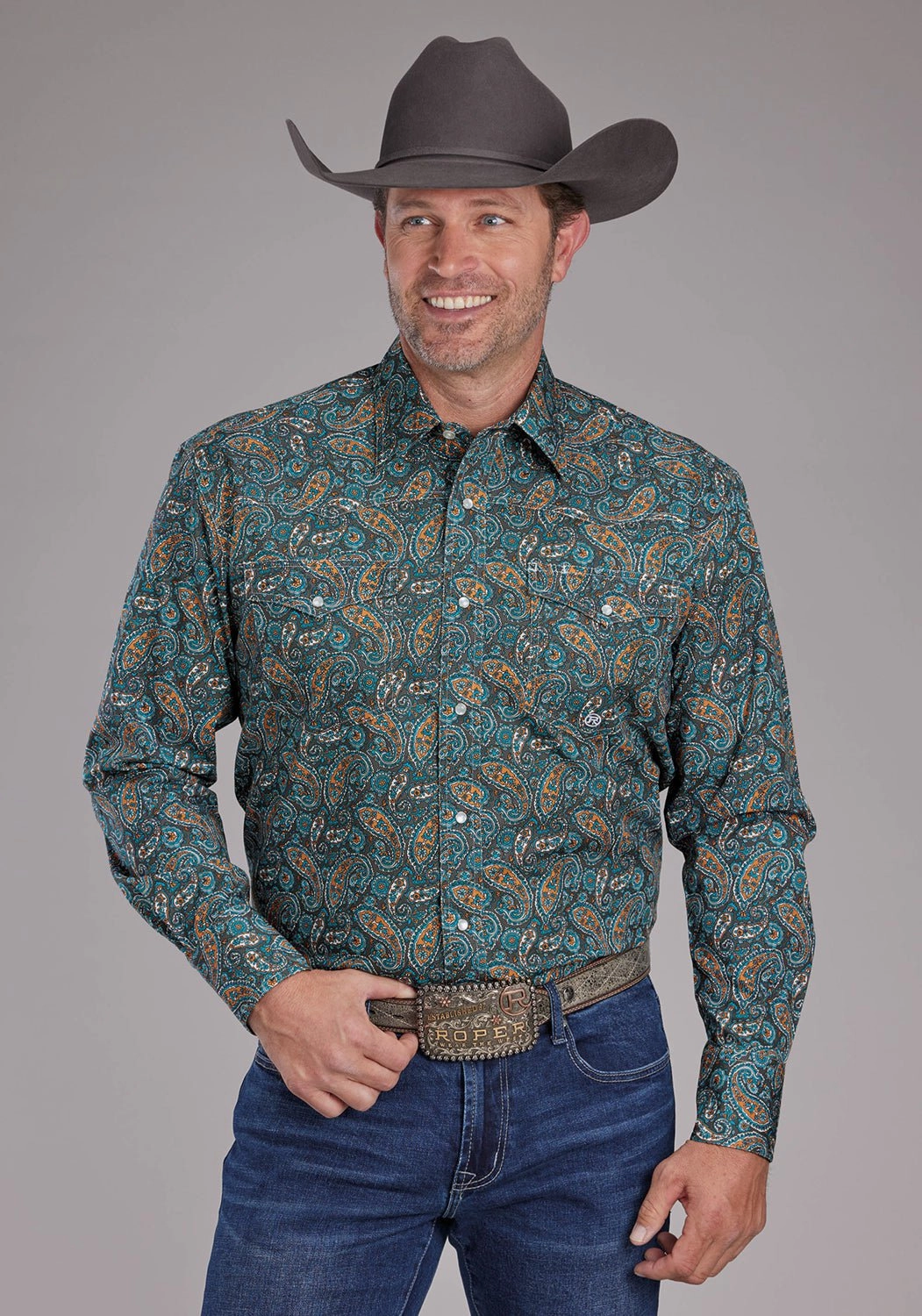 Retro Vibe Ventilated Back Roper Mens Dusk Paisley Blue/Brown 100% Cotton L/S Shirt
