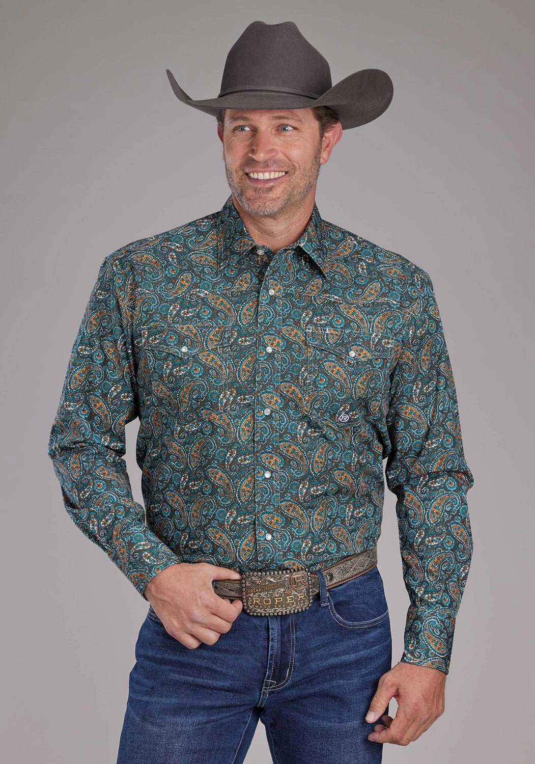 Non Static Finish Smart Casual Roper Mens Dusk Paisley Blue/Brown 100% Cotton L/S Shirt