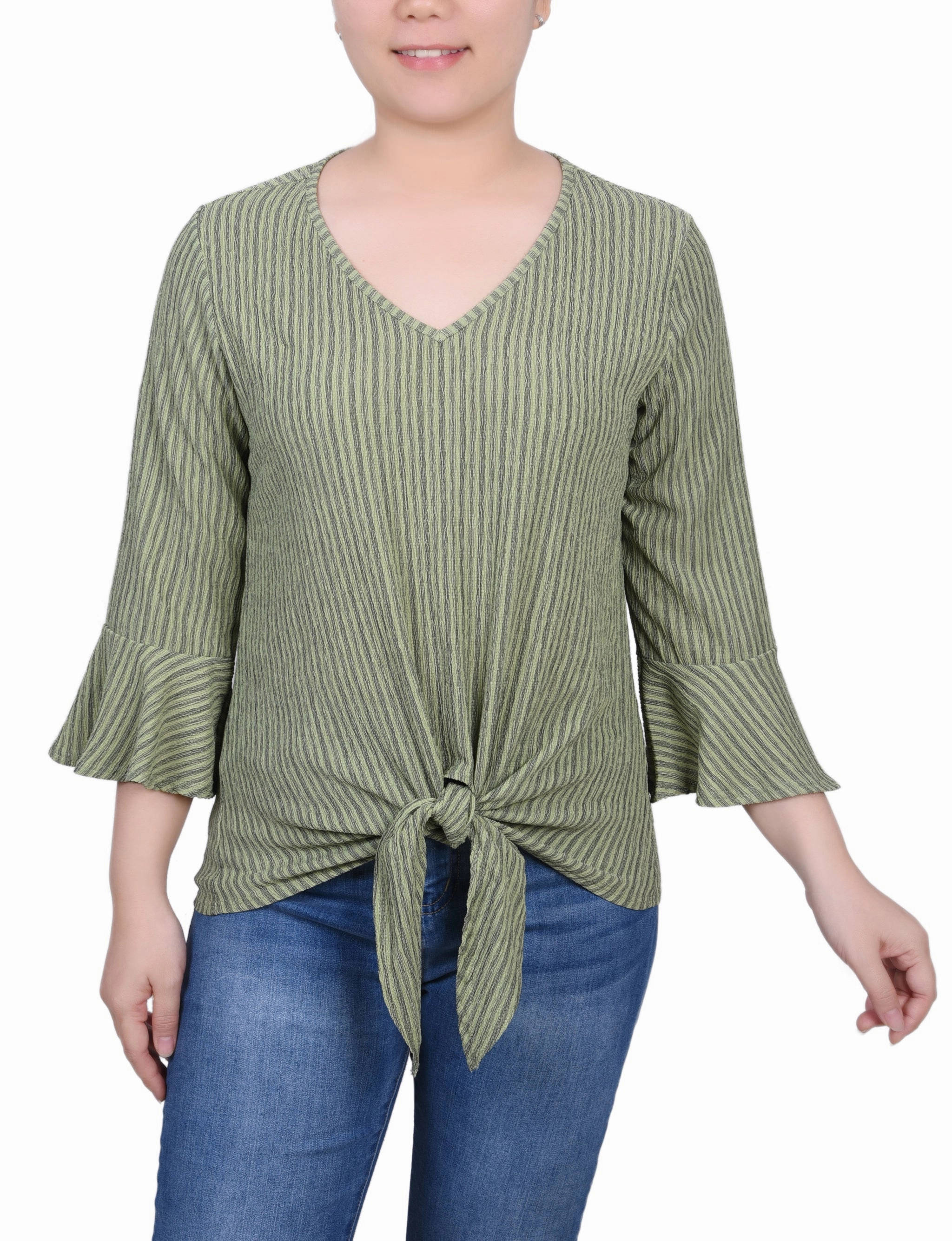 Petite 3/4 Bell Sleeve Textured Knit Top SoftLining MinimalistCut