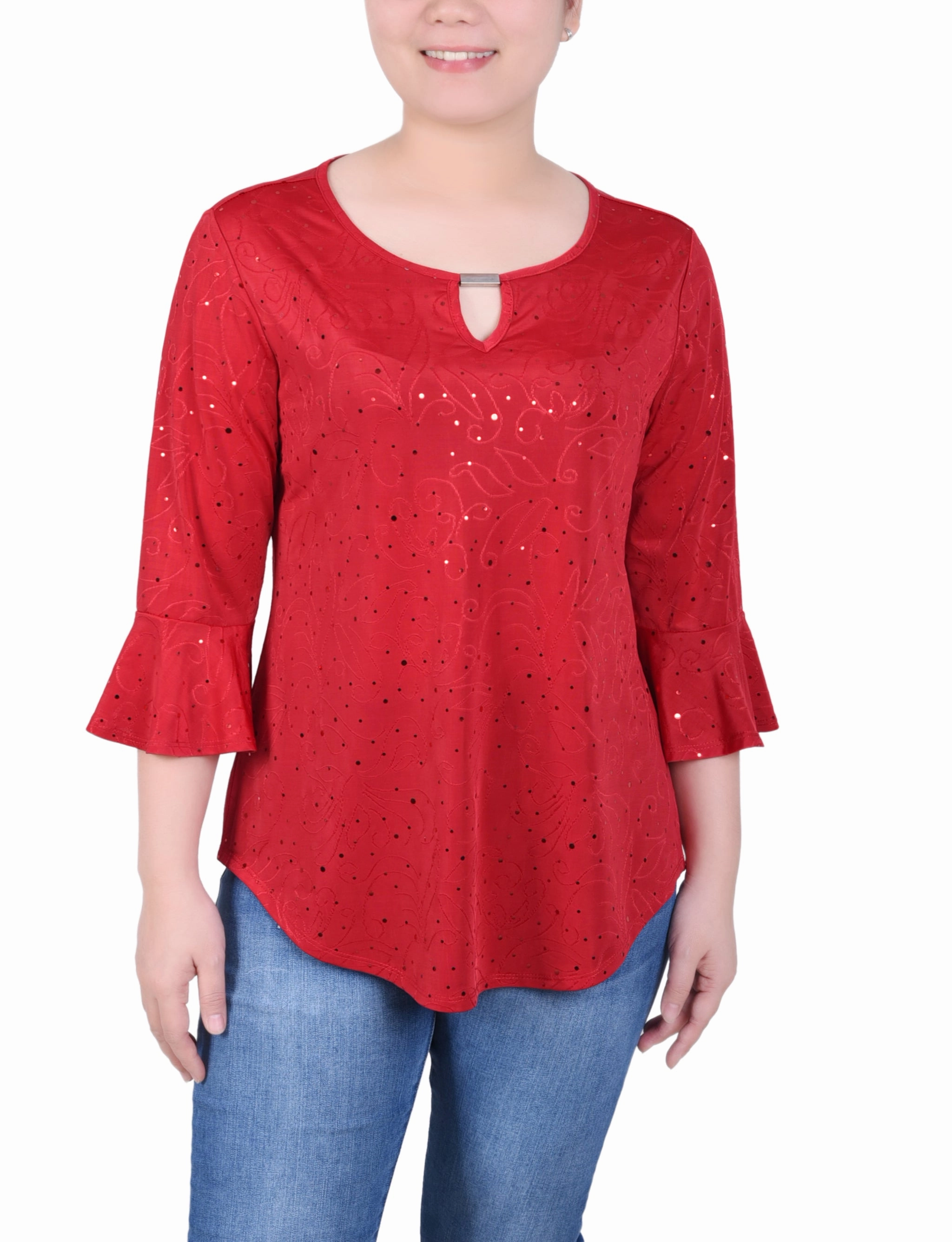 Petite 3/4 Bell Sleeve Top With Hardware Organic Cotton Blend Ethical production