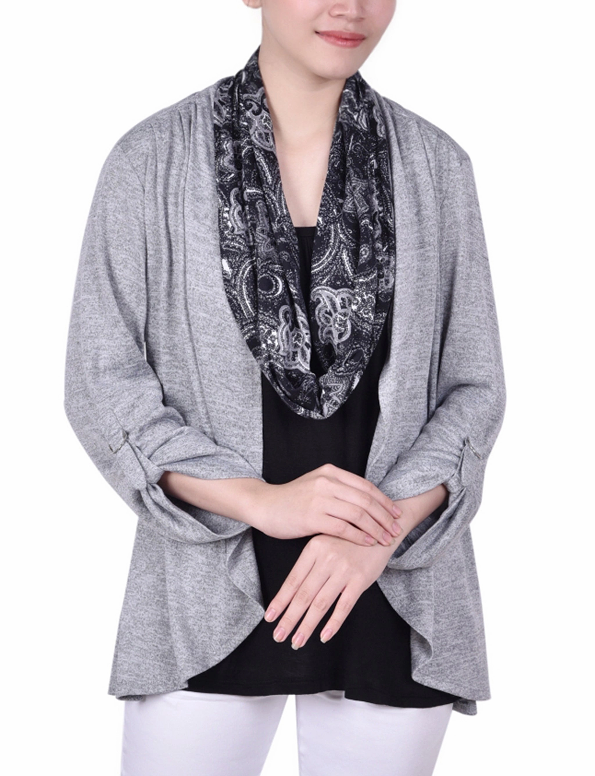 Petite 3/4 Roll Sleeve 3Fer Top With Detachable Scarf SoftKnit Wrinkle Resistant Treatment
