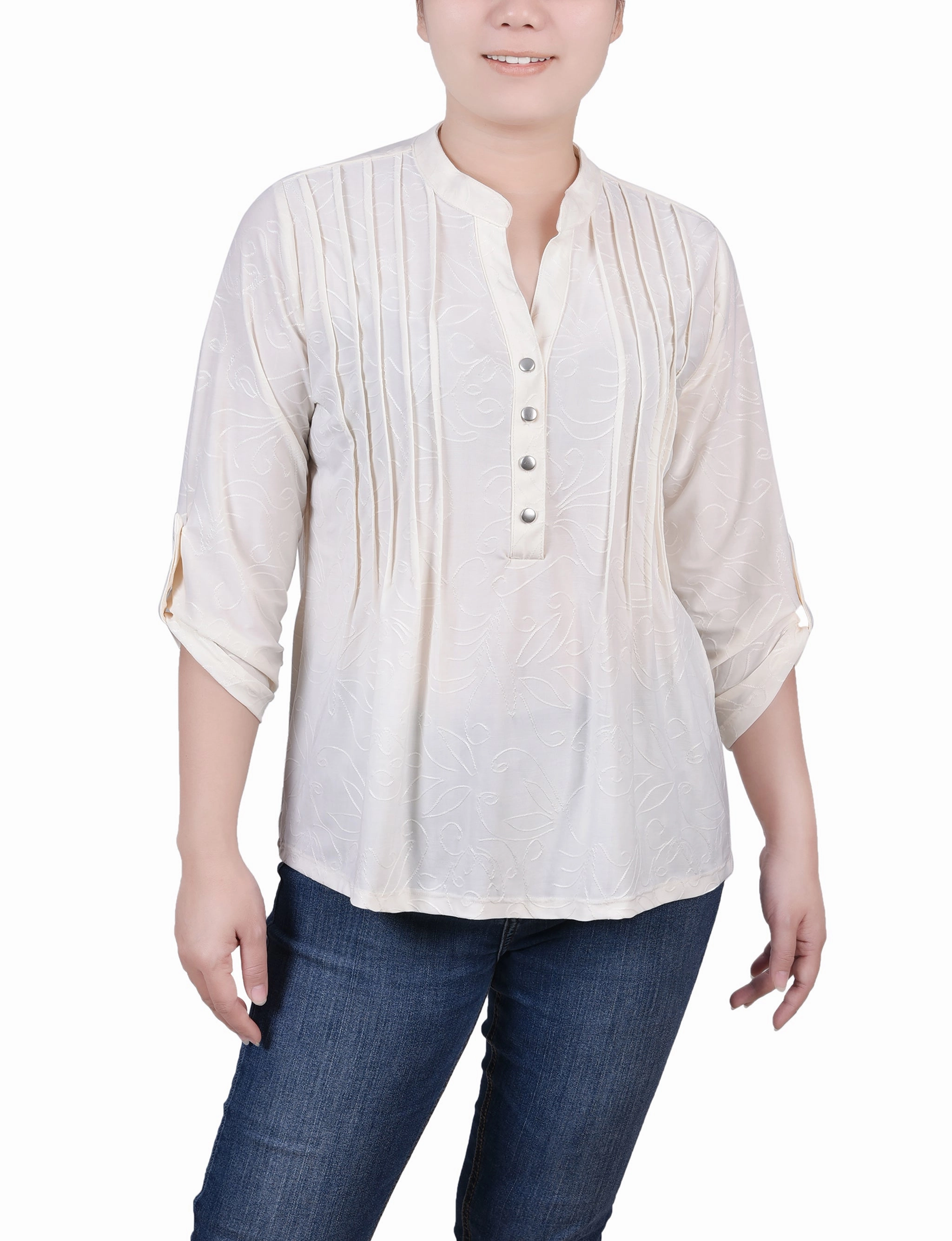 Petite 3/4 Roll Tab Pullover Top Non Chafing Side Seams