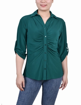 EcoFriendly Dye Process NonRestrictive Cut Petite 3/4 Roll Tab Rouched-Front Top