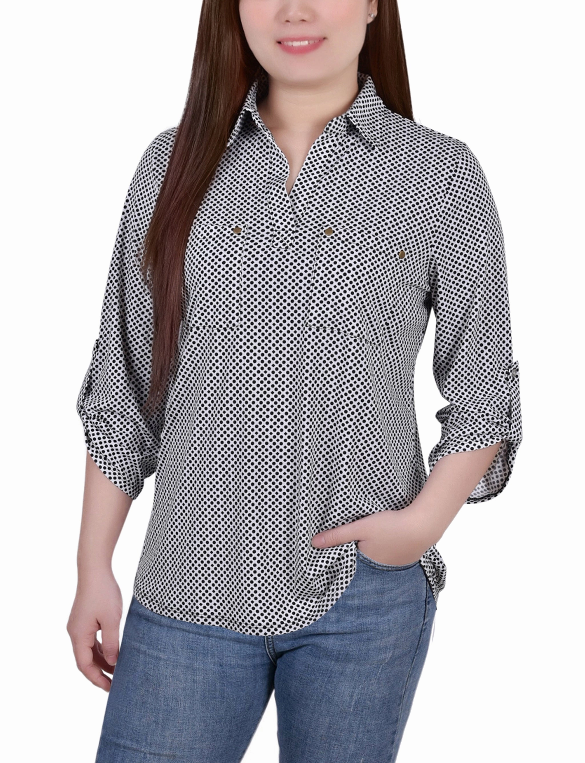 DoubleStitchedHem Casual Fit Petite 3/4 Roll Tab Sleeve Studded Y Neck Top