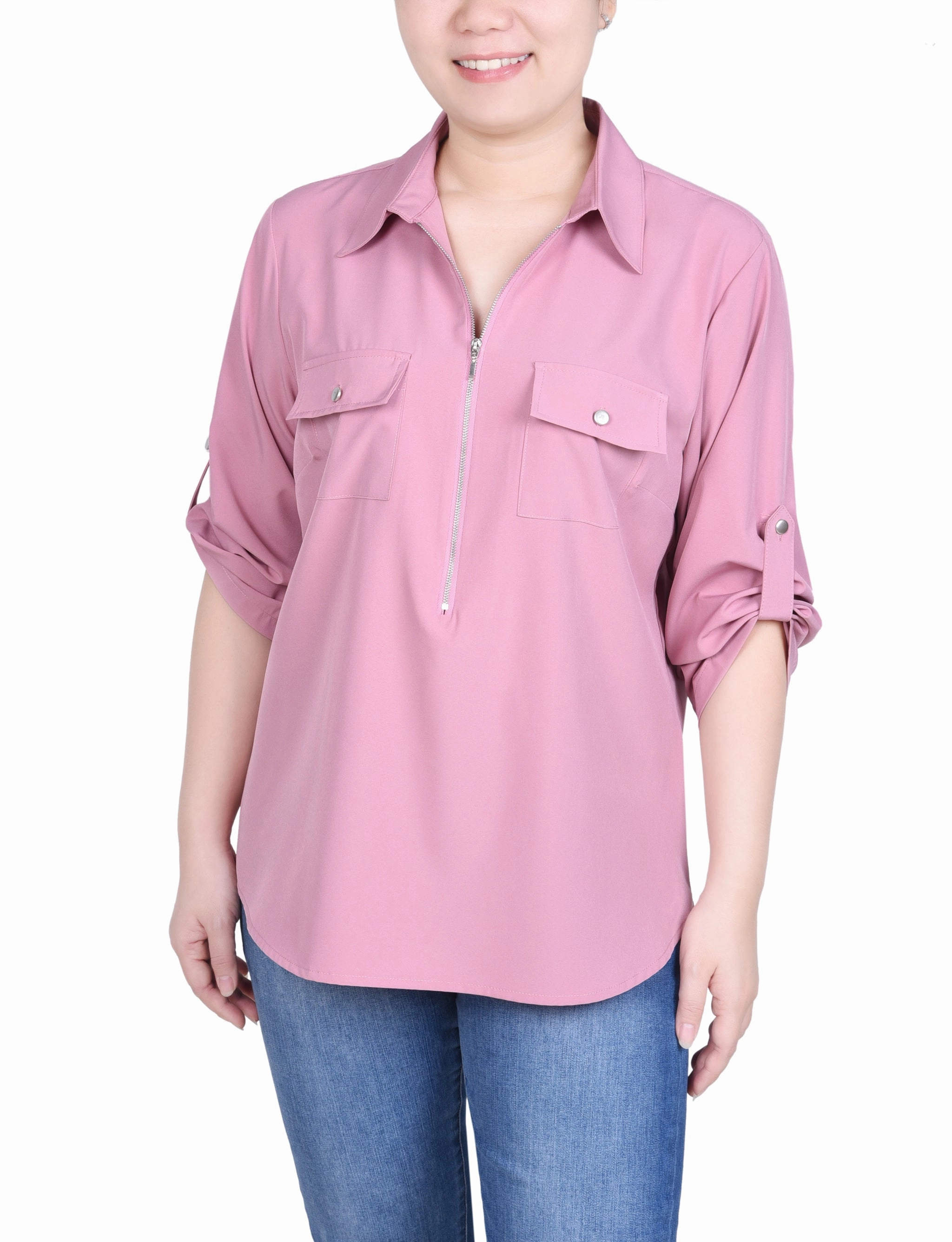 Drop Shoulder Petite 3/4 Roll Tab Sleeve Zip Front Blouse