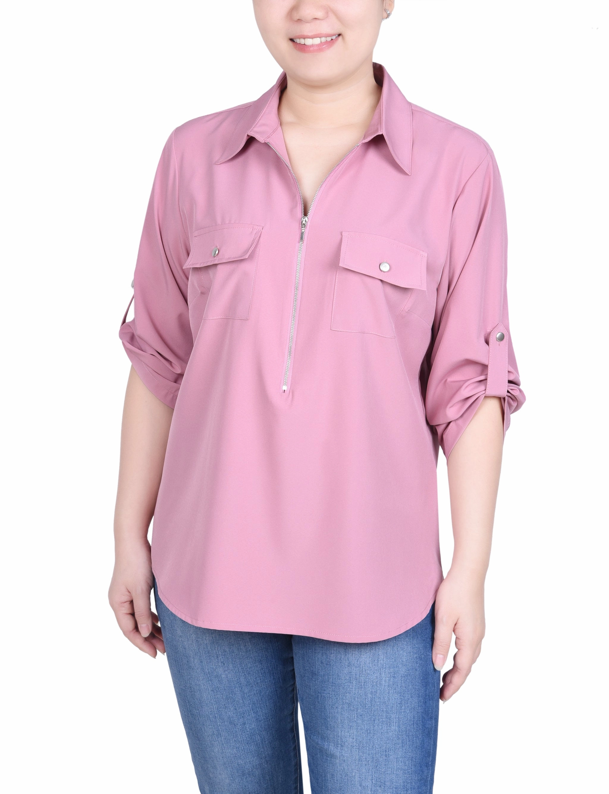 TaglessDesign Neutral Tone Palette Petite 3/4 Roll Tab Sleeve Zip Front Blouse