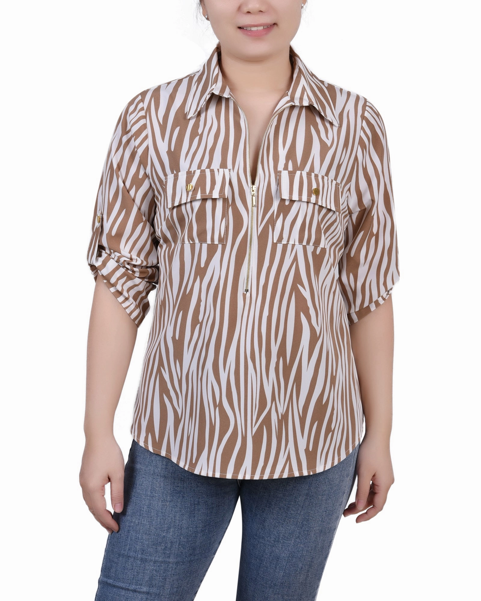 Petite 3/4 Roll Tab Sleeve Zip Front Top Breathable fabric