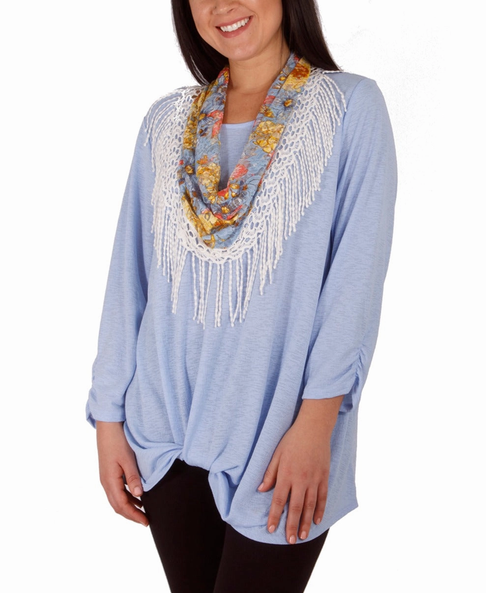 Petite 3/4 Rouched Sleeve Twist Front Top With Detachable Scarf AbrasionResistantFabric Versatile Design