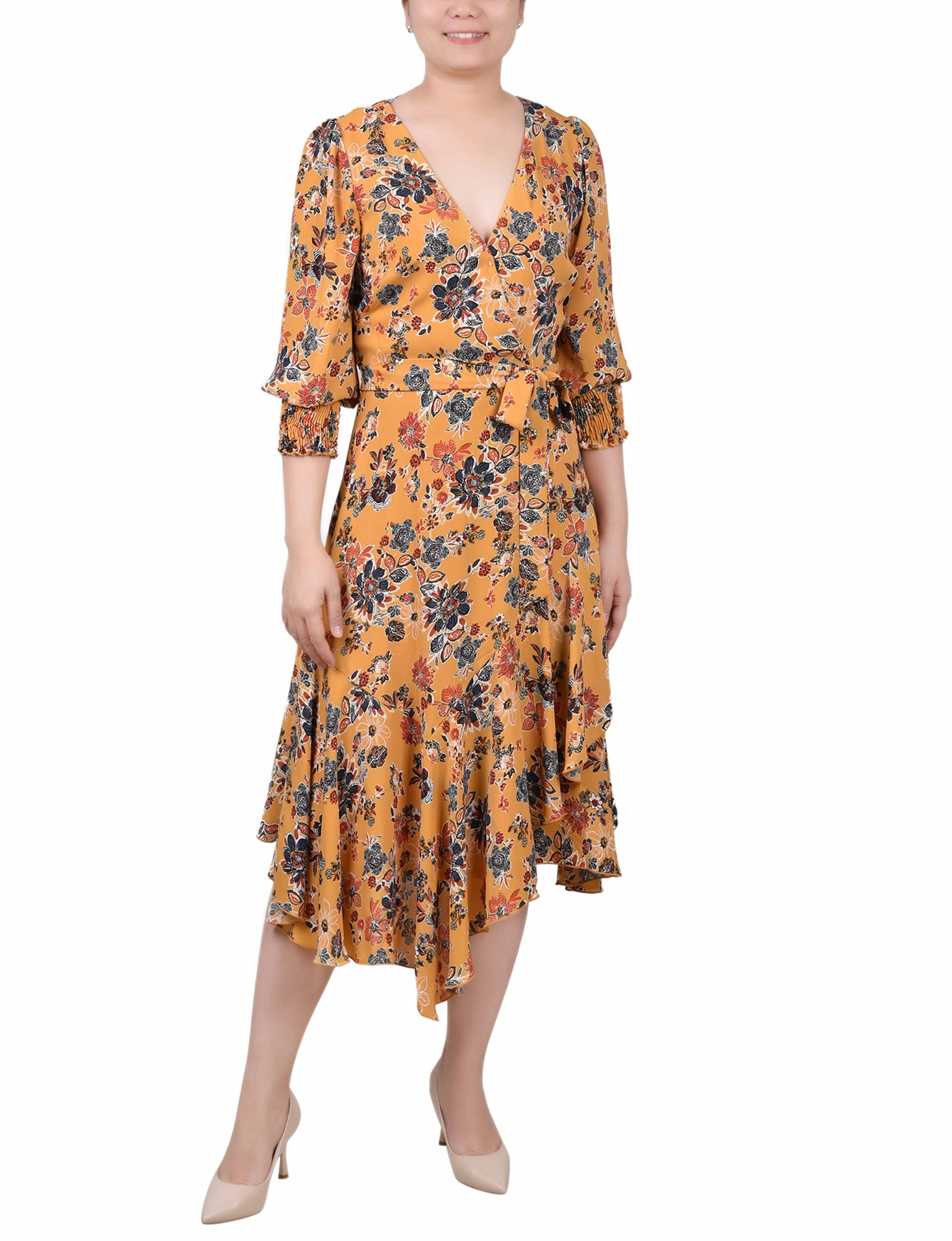 Calm Lines Petite 3/4 Sleeve Belted Chiffon Hankerchief Hem Dress