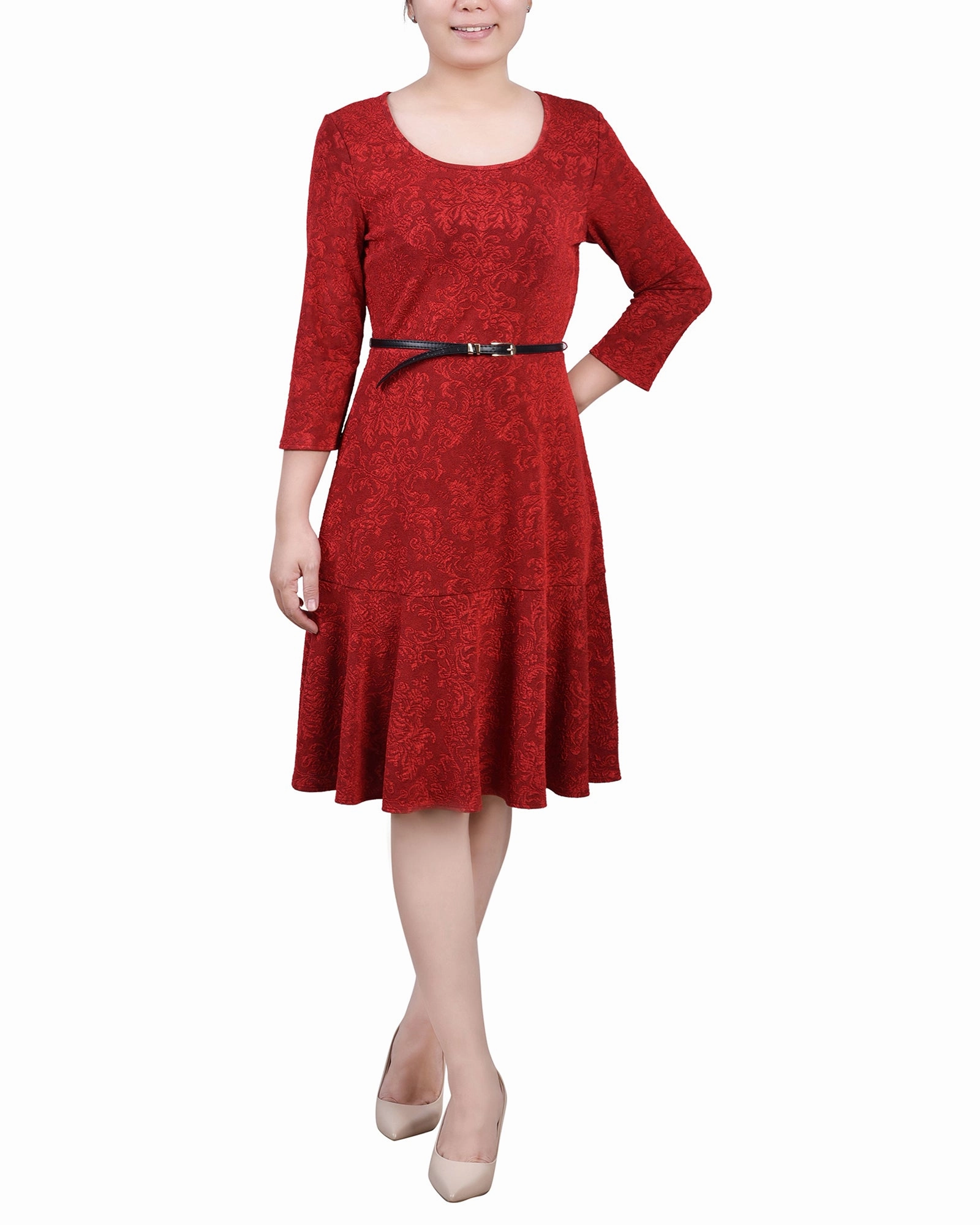 Modest Cut Petite 3/4 Sleeve Belted Jacquard Dress
