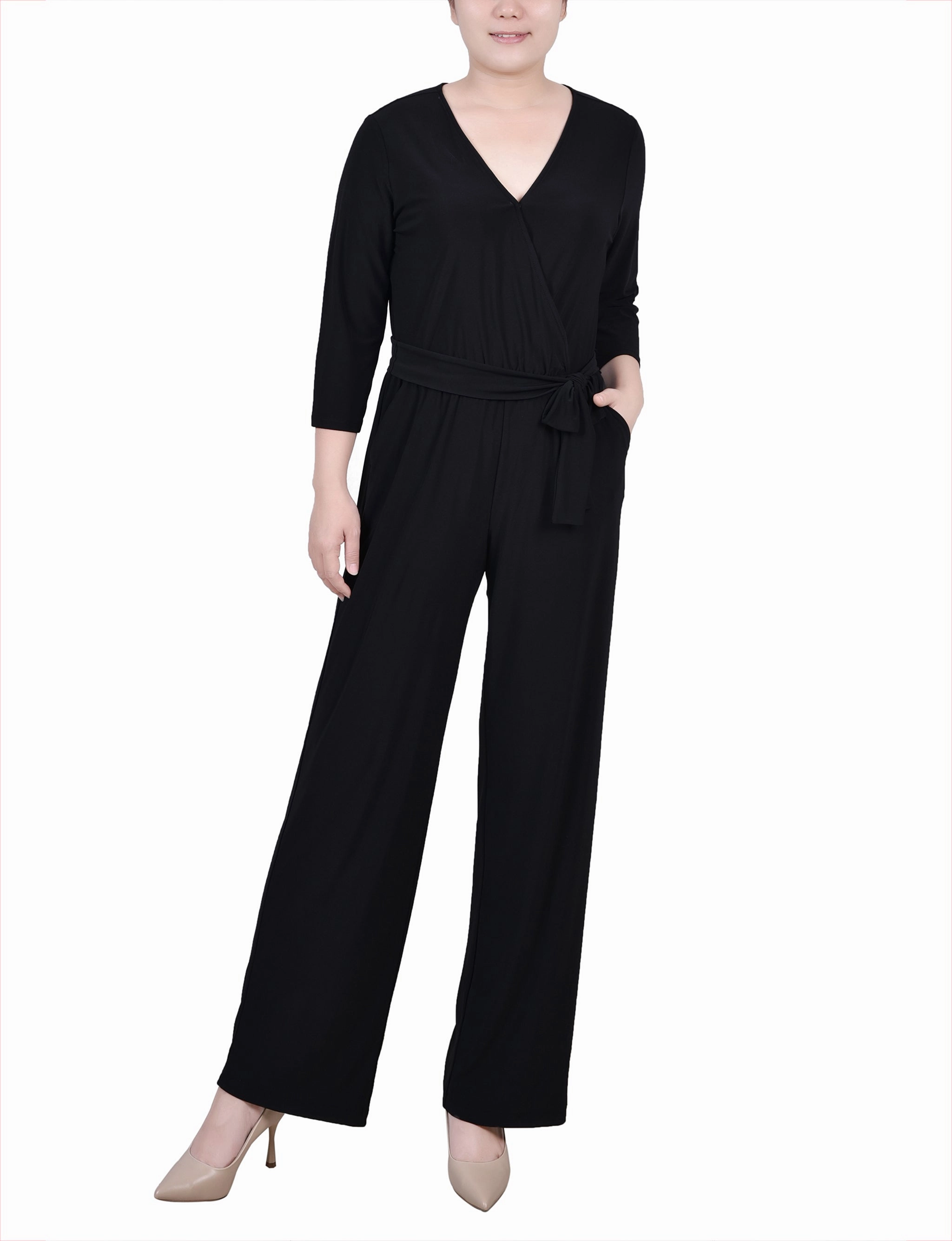 Petite 3/4 Sleeve Belted Jumpsuit Modern Touch early morning