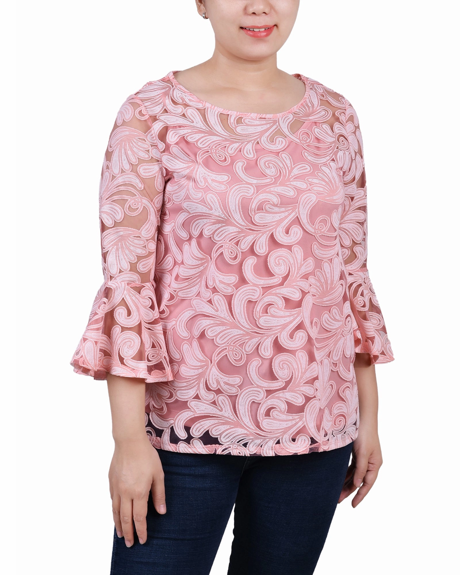 Multipurpose Design Petite 3/4 Sleeve Burnout Blouse With Matching Camisole