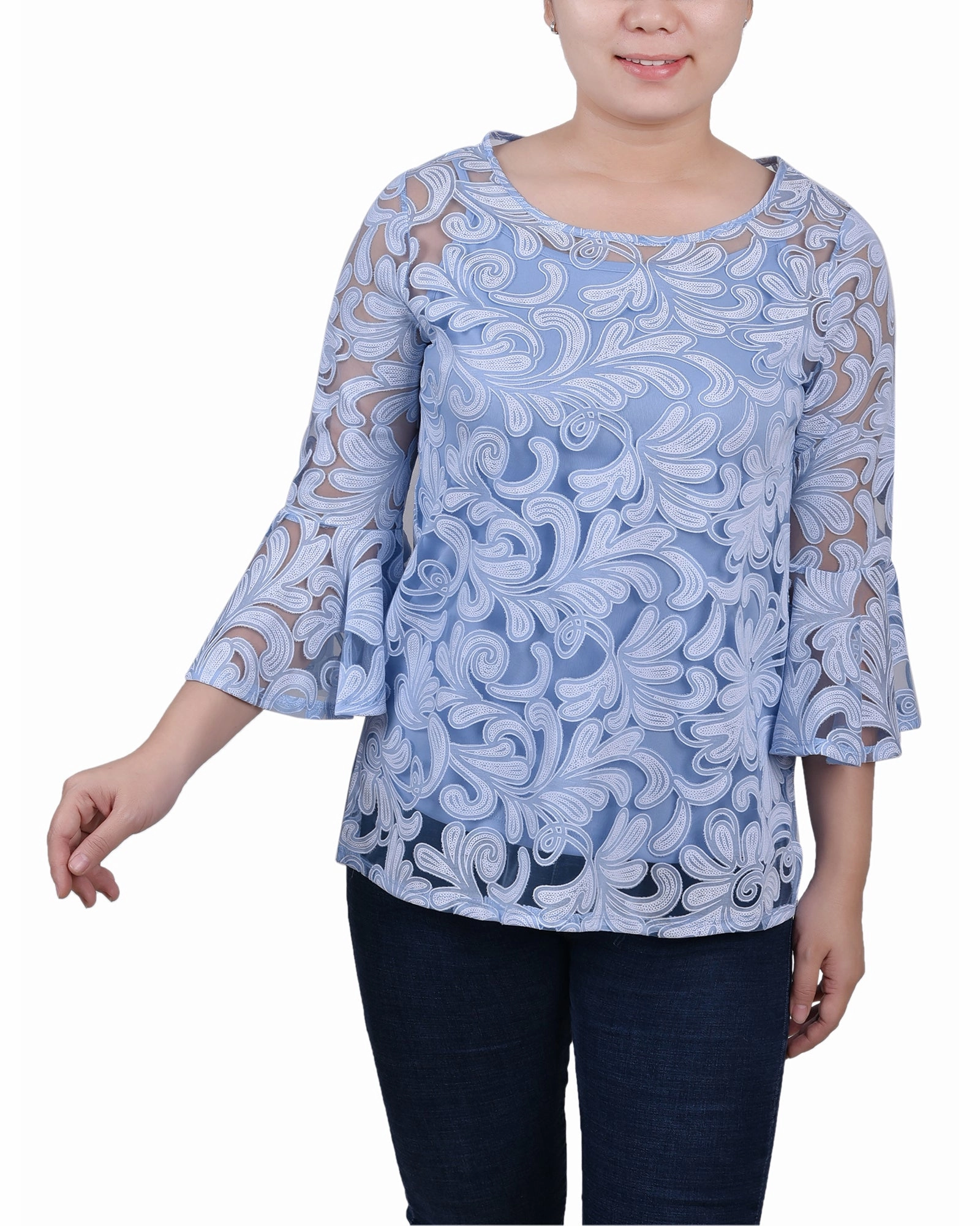 Petite 3/4 Sleeve Burnout Blouse With Matching Camisole RawHemDetail