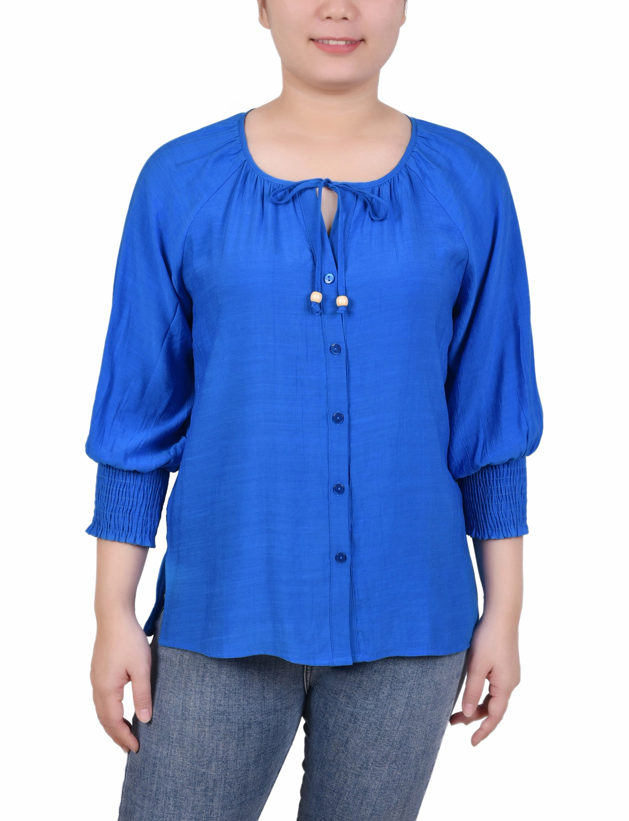 Petite 3/4 Sleeve Button Front Blouse Easy to Wear NonFadeFinish
