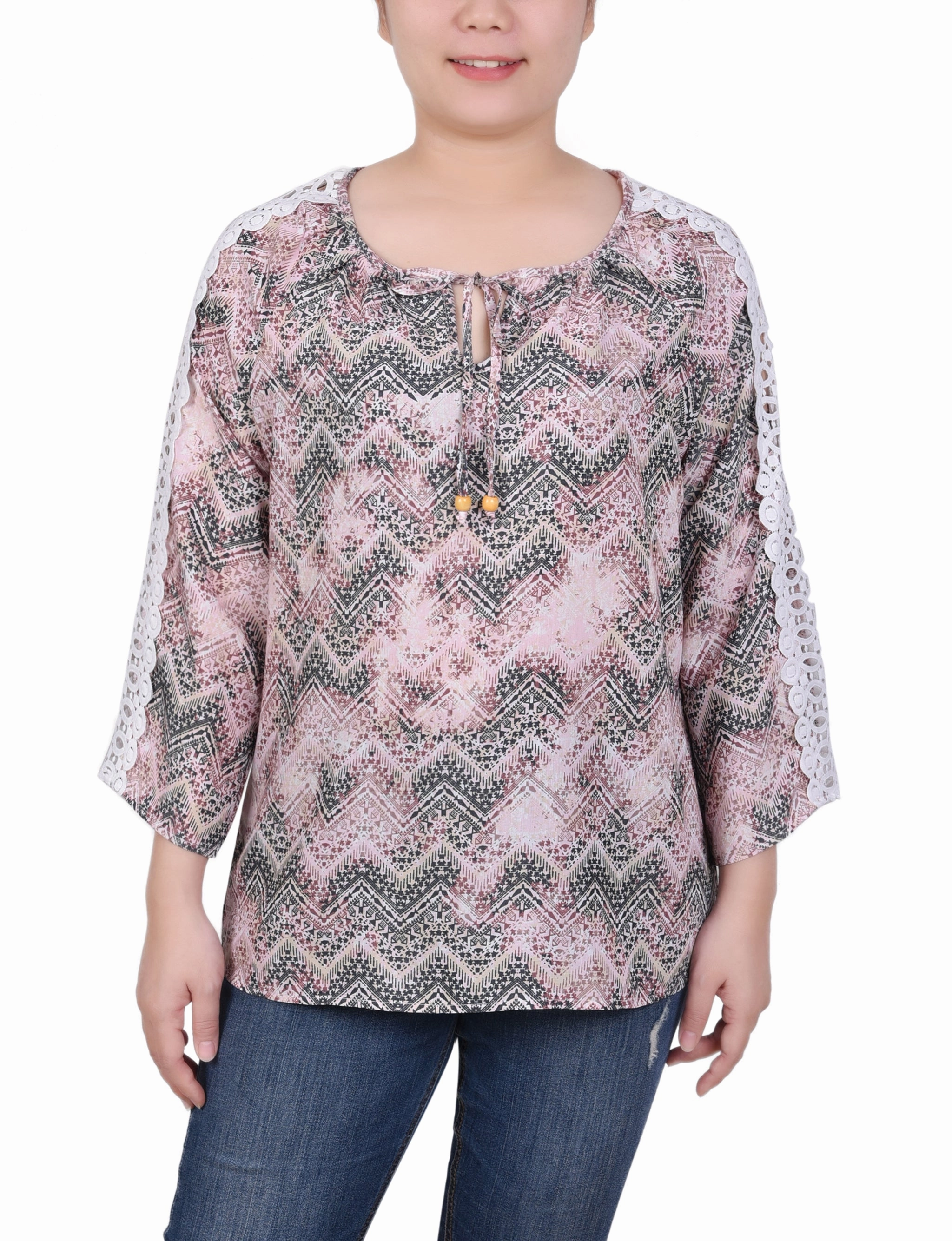 Petite 3/4 Sleeve Crochet Detail Blouse Adjustable Hem Cuff LowProfile Zipper