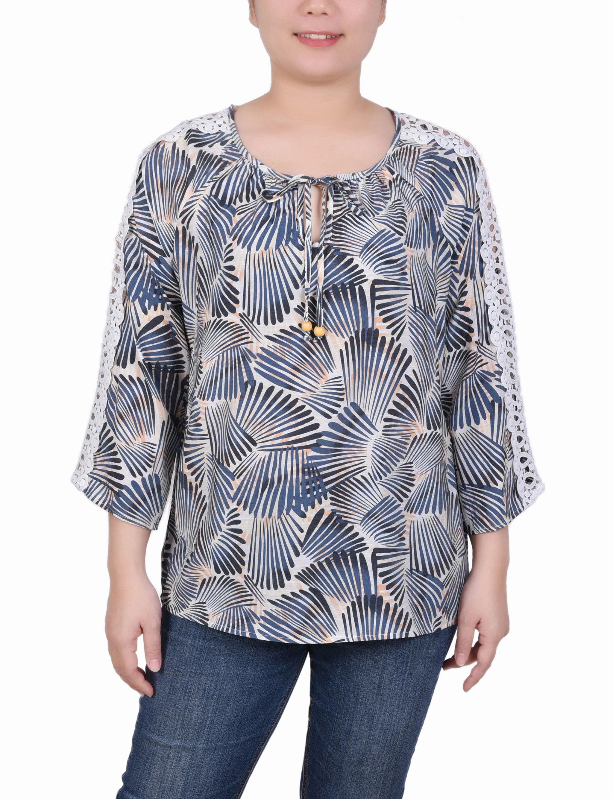 Ventilated Panels Petite 3/4 Sleeve Crochet Detail Blouse