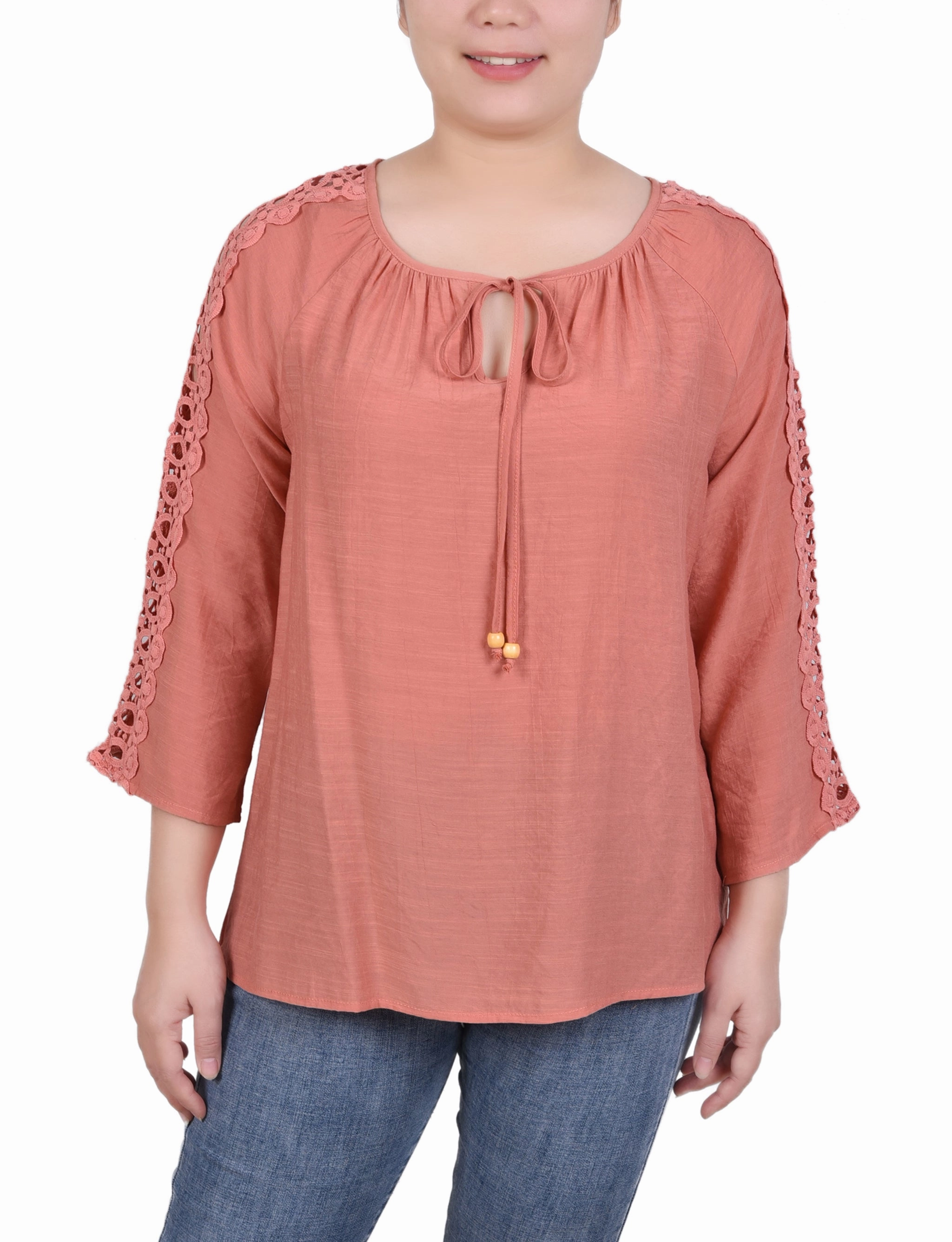 Petite 3/4 Sleeve Crochet Detail Blouse Easycare ReinforcedShoulderConstruction