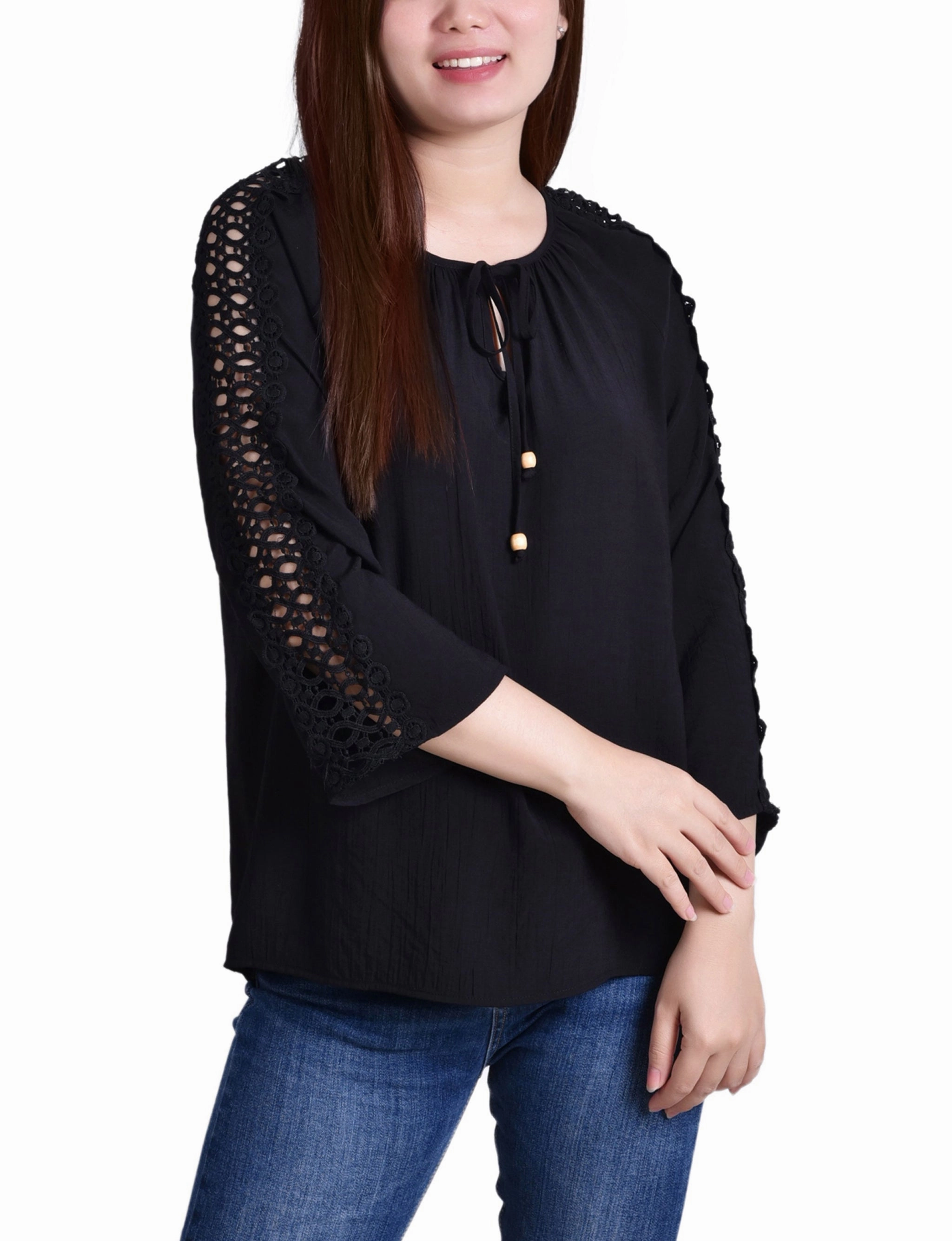 Petite 3/4 Sleeve Crochet Detail Blouse Layered Hem Detailing