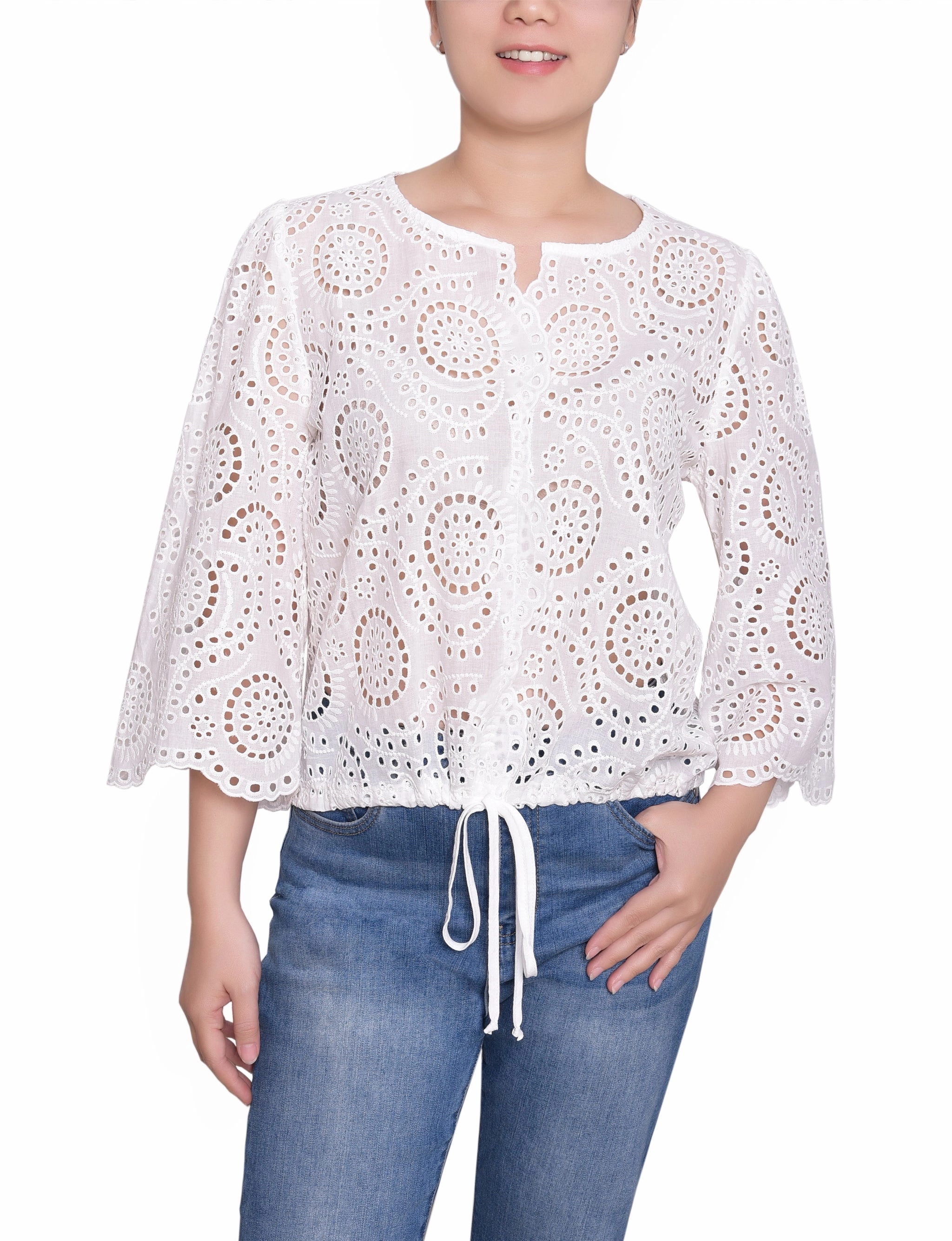 Petite 3/4 Sleeve Eyelet Blouse Sun Protection Fabric