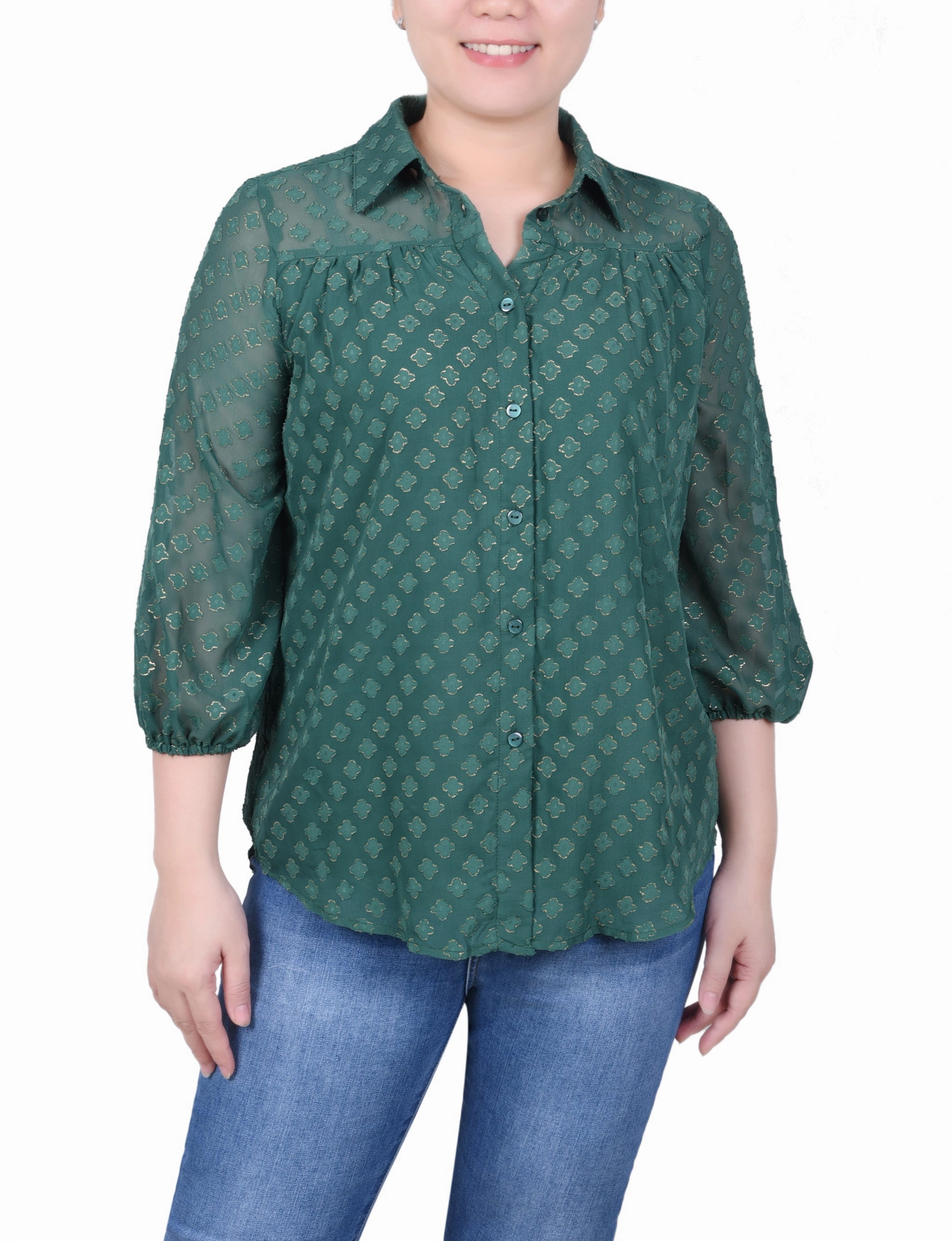 Minimalist Aesthetic Petite 3/4 Sleeve Foiled Jacquard Chiffon Blouse