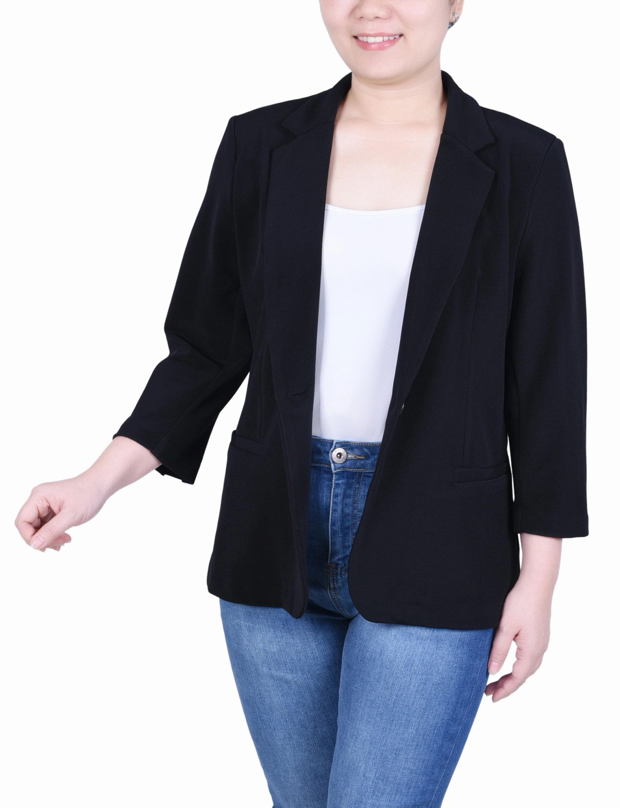 Tear Resistant Weave Petite 3/4 Sleeve Heavy Jacquard Knit Jacket