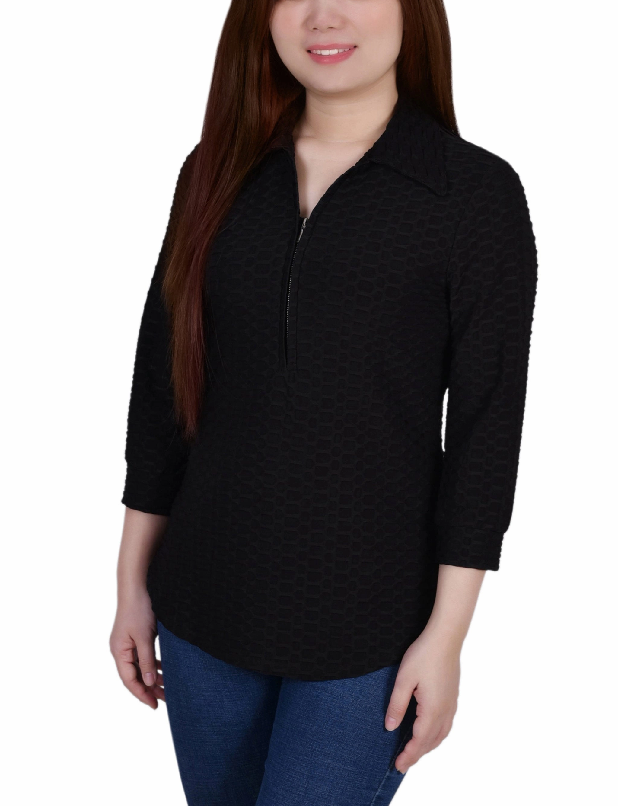 Non Irritating Seam Finish Petite 3/4 Sleeve Honeycomb Half Zip Top