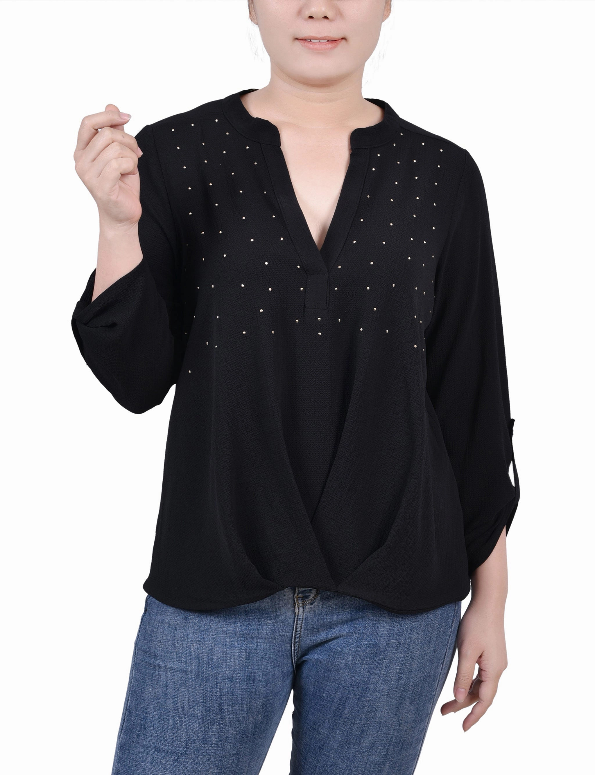 AdjustableCuffs Friction Resistant Edges Petite 3/4 Sleeve Mandarin Collar Blouse With Front Pleats