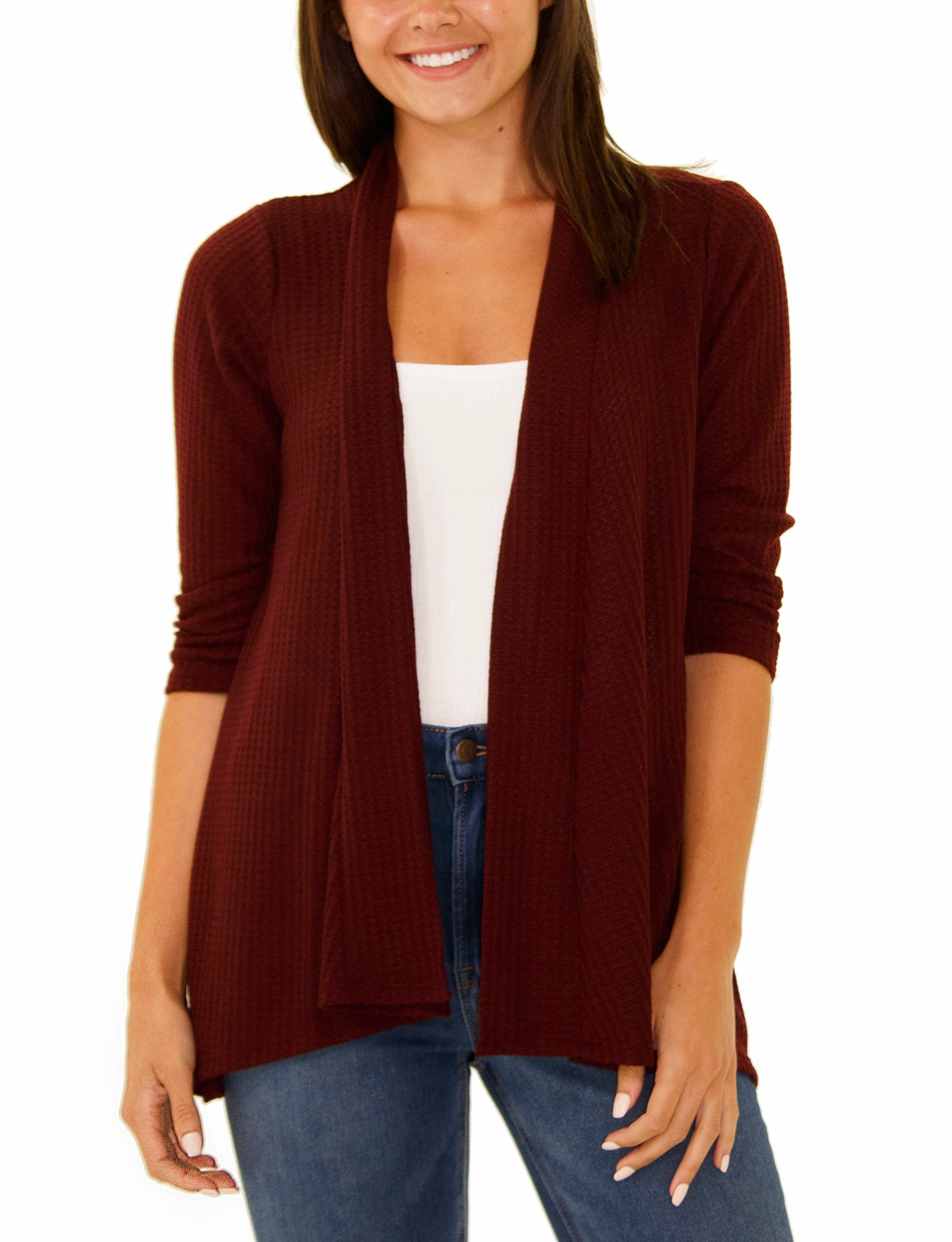 Compact TravelFriendly Design HighDensity Knit Petite 3/4 Sleeve Open Front Waffle Weave Cardigan