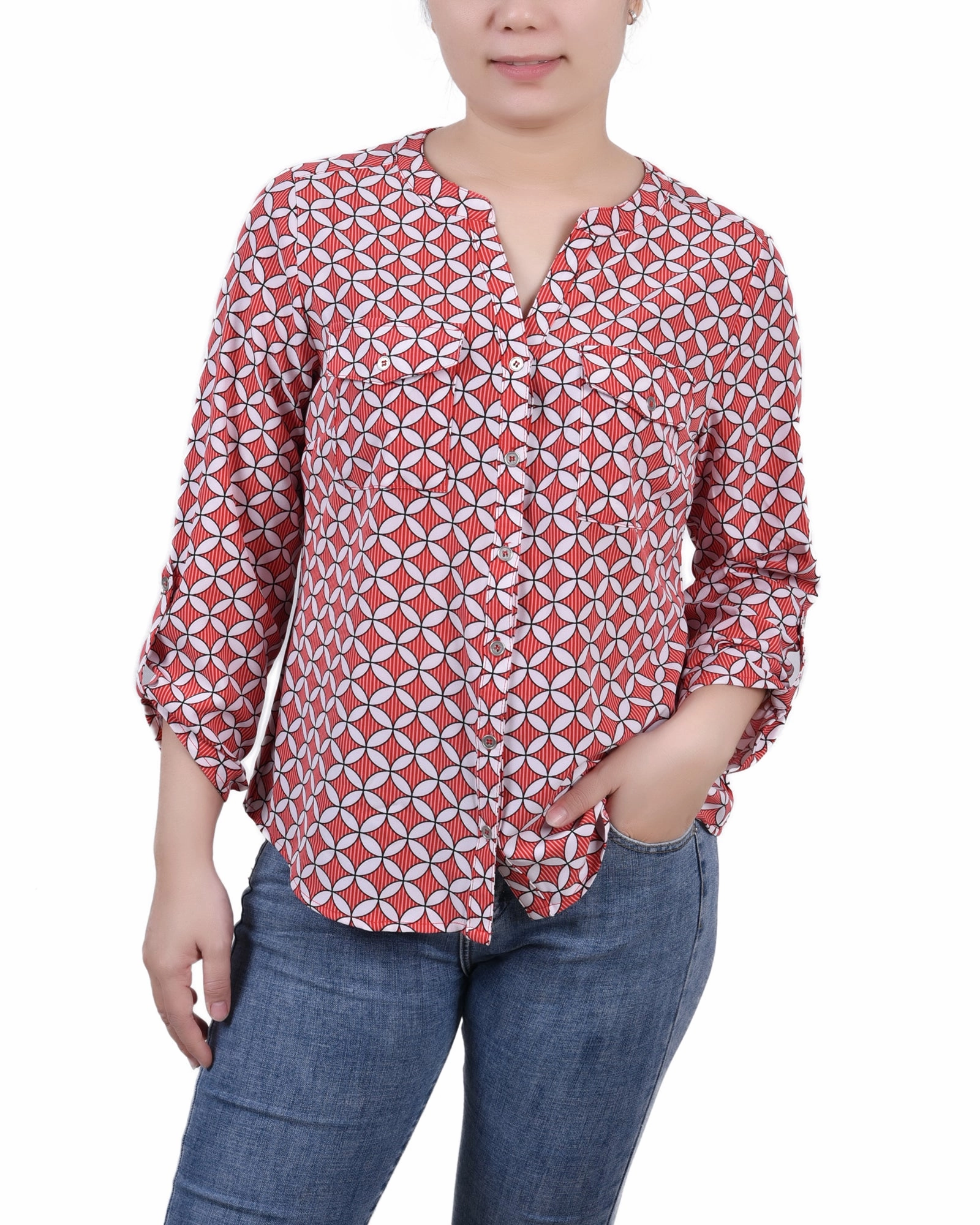 Petite 3/4 Sleeve Roll Tab Y Neck Blouse NoRoll Hem Technology slim fit