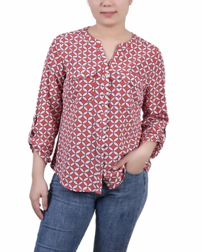 WrinkleFree Weaving Petite 3/4 Sleeve Roll Tab Y Neck Blouse