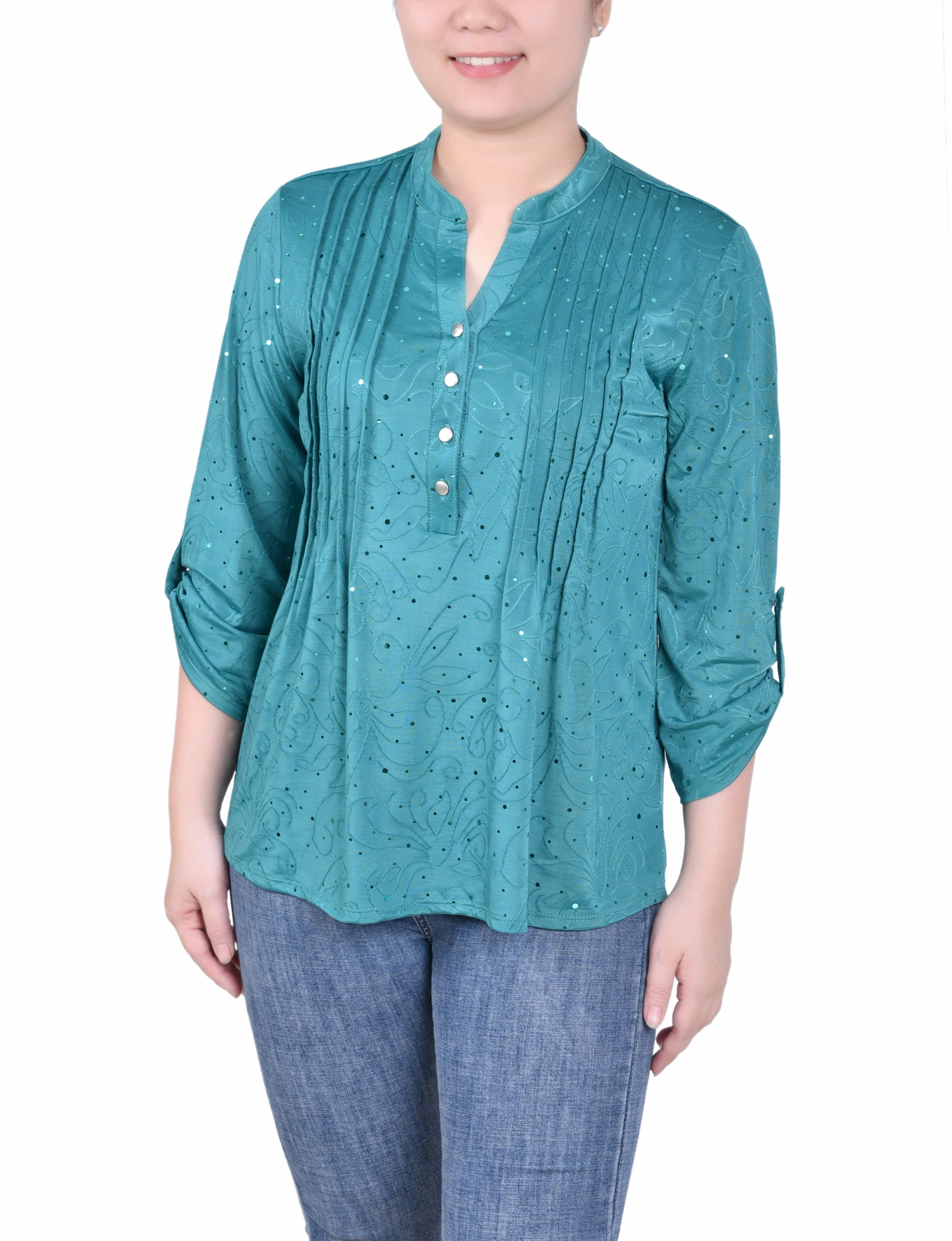 Petite 3/4 Sleeve Roll Tab Y Neck Top LightweightFabric Relaxed Silhouette