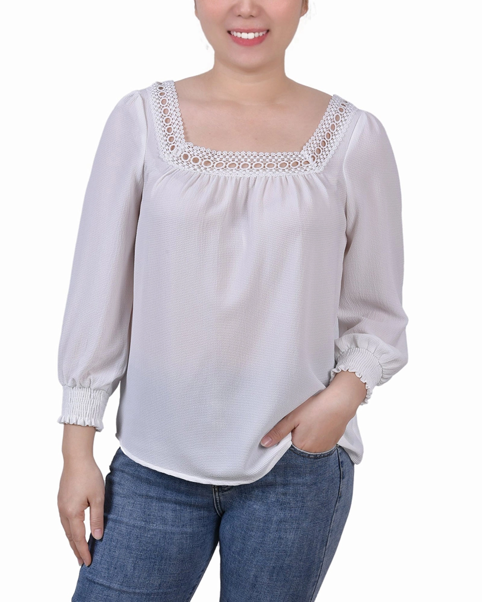 Petite 3/4 Sleeve Square Neck Blouse Layered Ventilation Zones