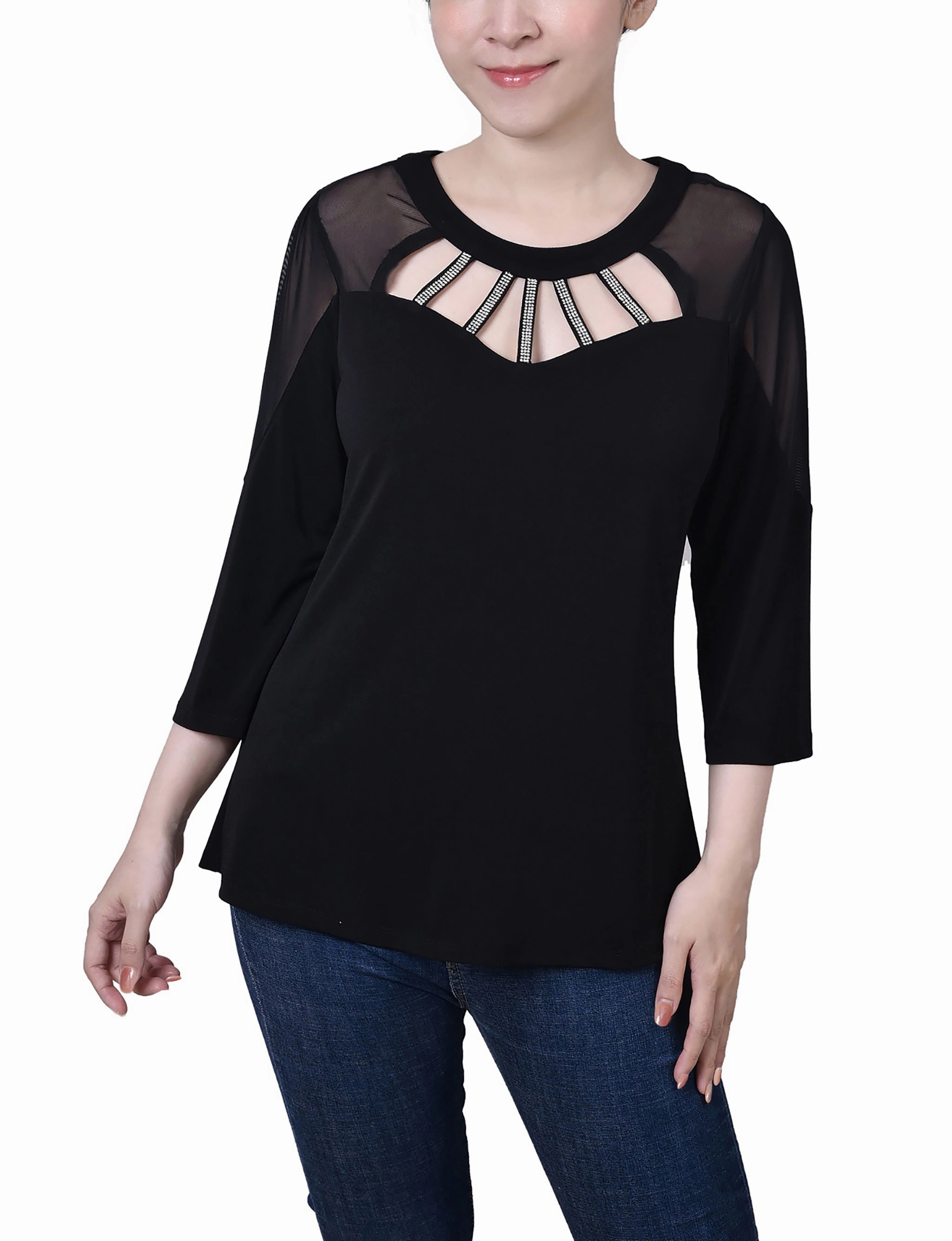 LayeredNeckline Petite 3/4 Sleeve Top With Neckline Cutouts and Stones