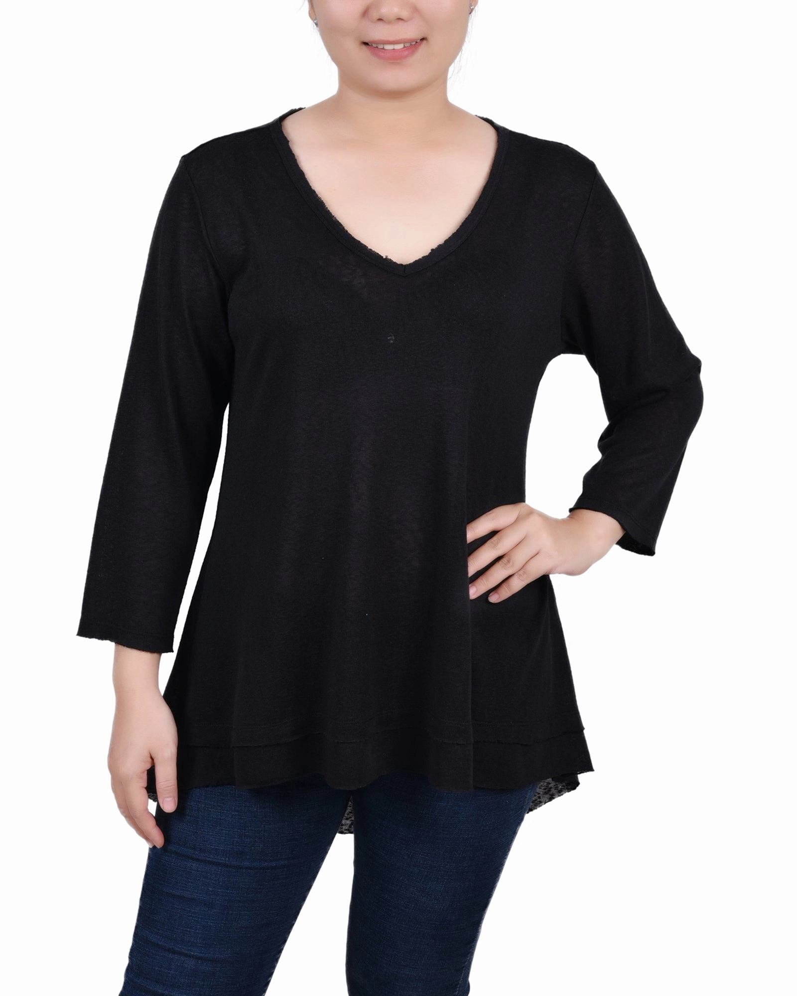 Buttonless Closure Petite 3/4 Sleeve V Neck Top