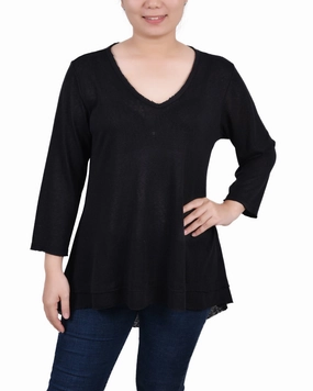 Relaxed Fit Shirt Contrast Stitch Petite 3/4 Sleeve V Neck Top