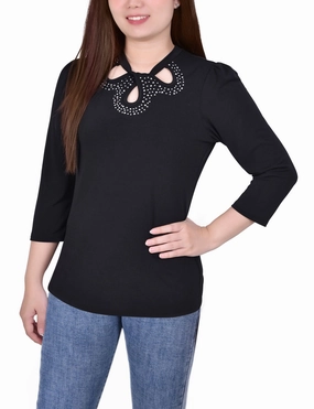 Petite 3/4 Slv Knit Crepe Studded Keyhole Top Cool and Breezy