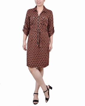 Bodycon Fit Subtle pattern Petite Belted Roll Tab Zip Front Shirtdress