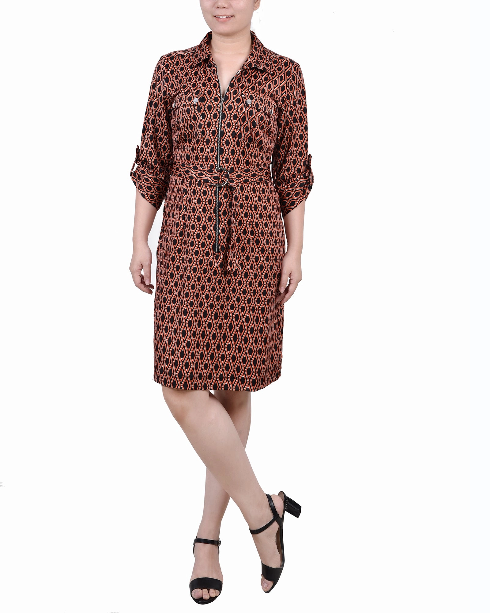 Petite Belted Roll Tab Zip Front Shirtdress Comfort and style Smart Comfort