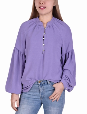 Petite Bishop Sleeve Blouse With Mandarin Collar WaterRepellent Finish Modern Polo