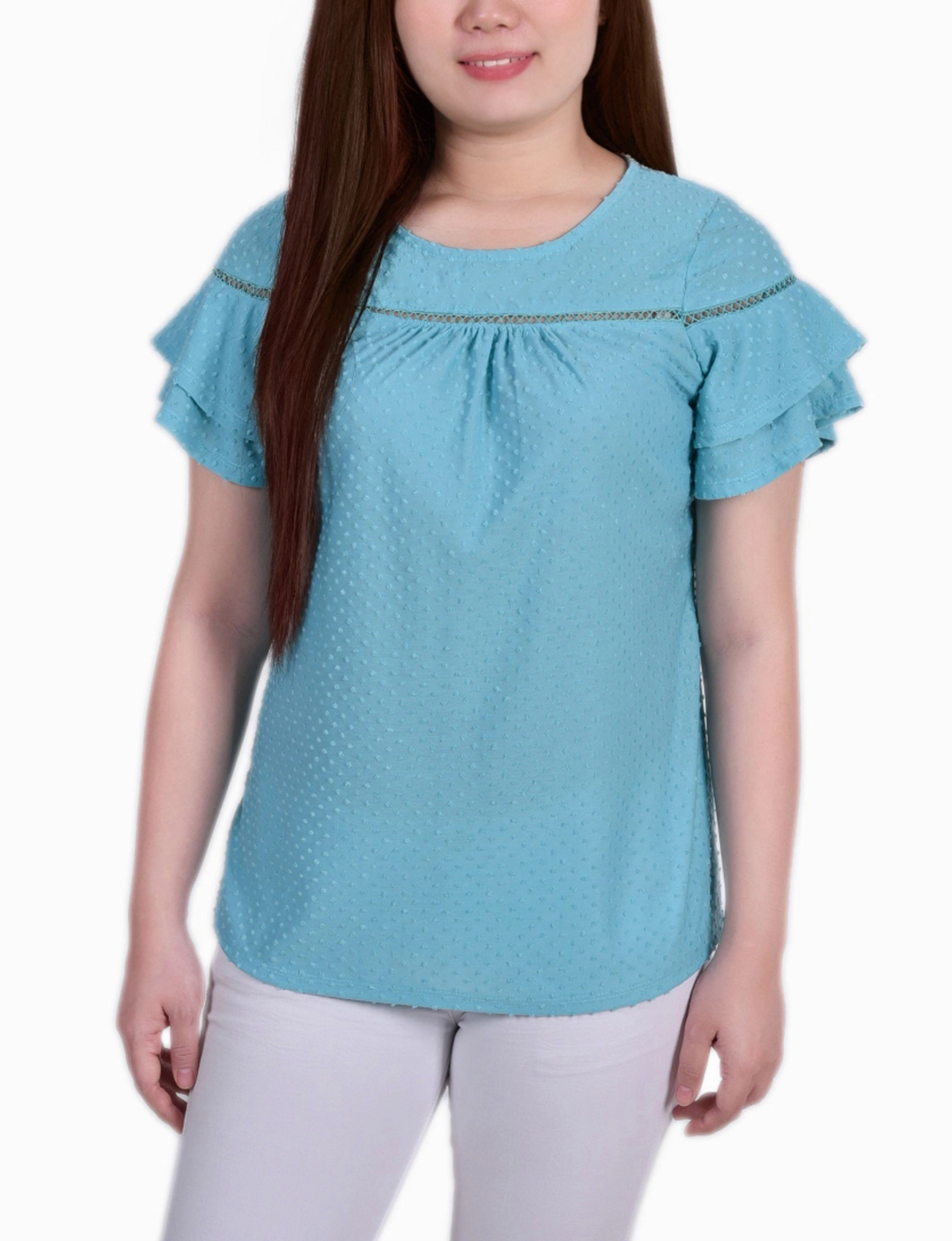 AntiOdor Petite Double Bell Sleeve Swiss Dot Top
