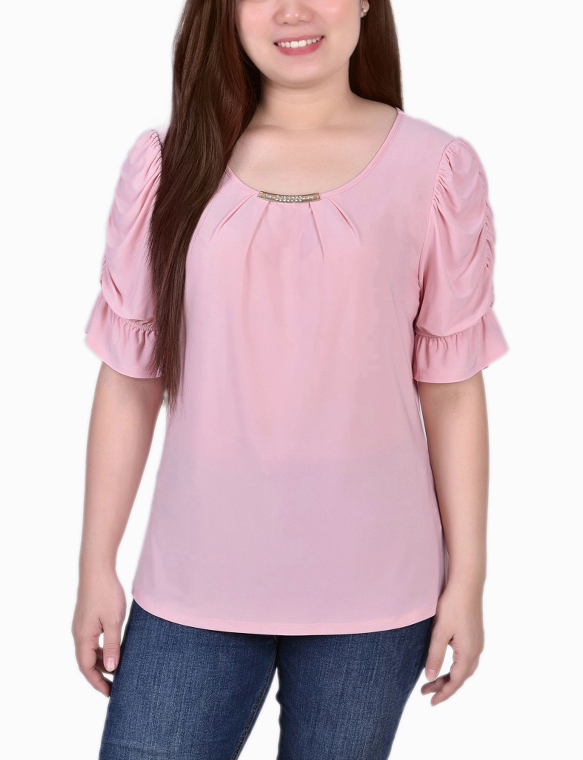 RecycledPolyester BreathableBackVents Petite Elbow Cuffed Sleeve Hardware Top