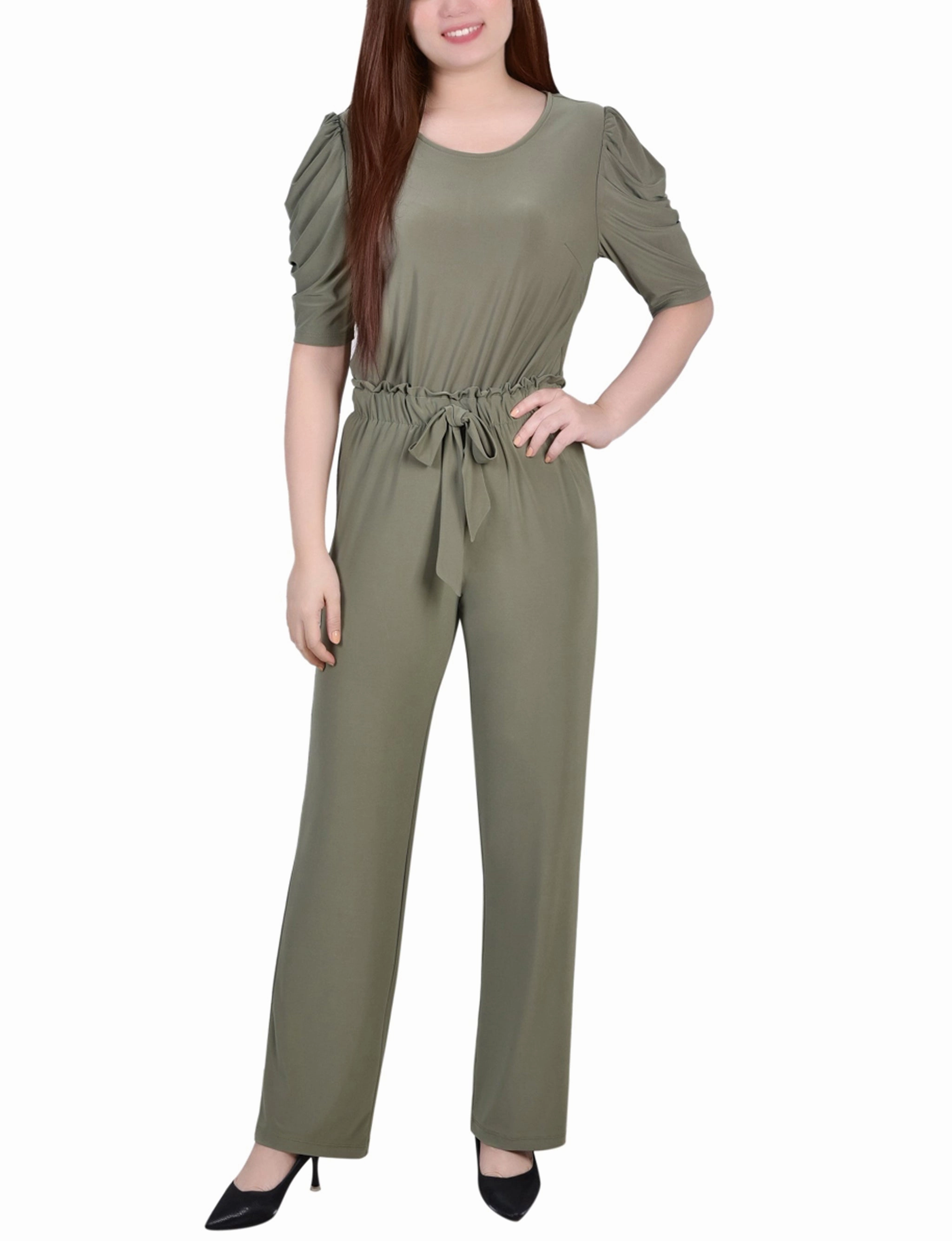 Petite Elbow Sleeve Jumpsuit Wrinkle Resistant Finish