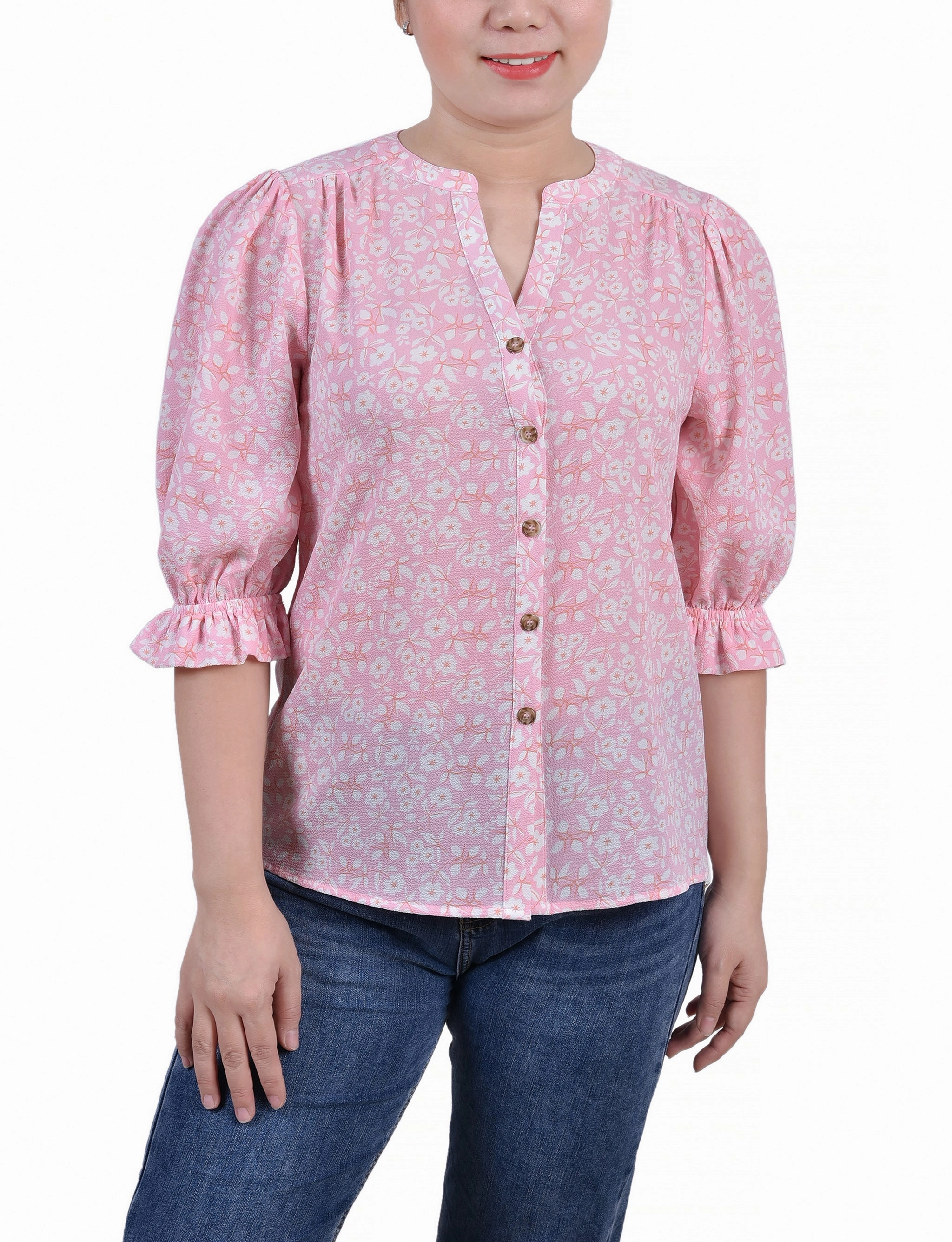 Petite Elbow Sleeve Y Neck Blouse Contoured Side Panels MidweightKnit