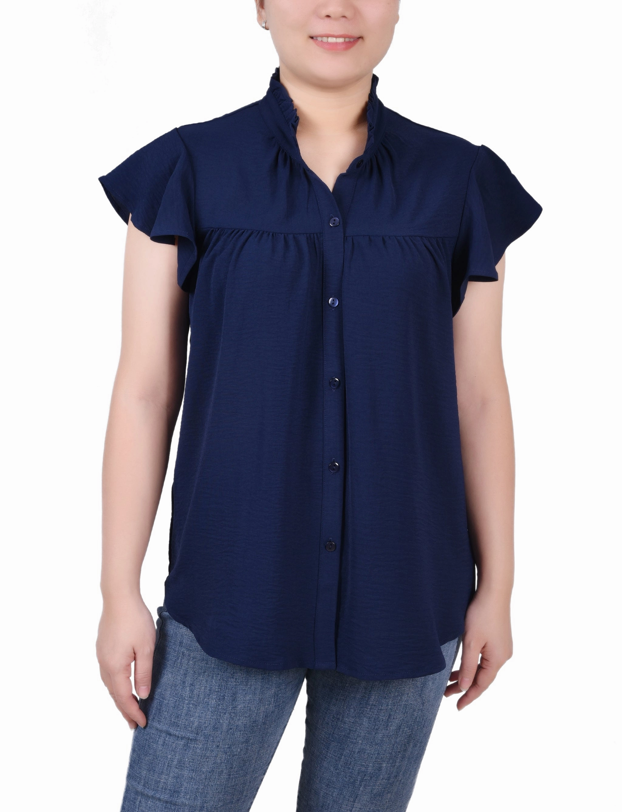 Lightweight Layering Option Petite Flutter Sleeve Ruffle Neck Blouse