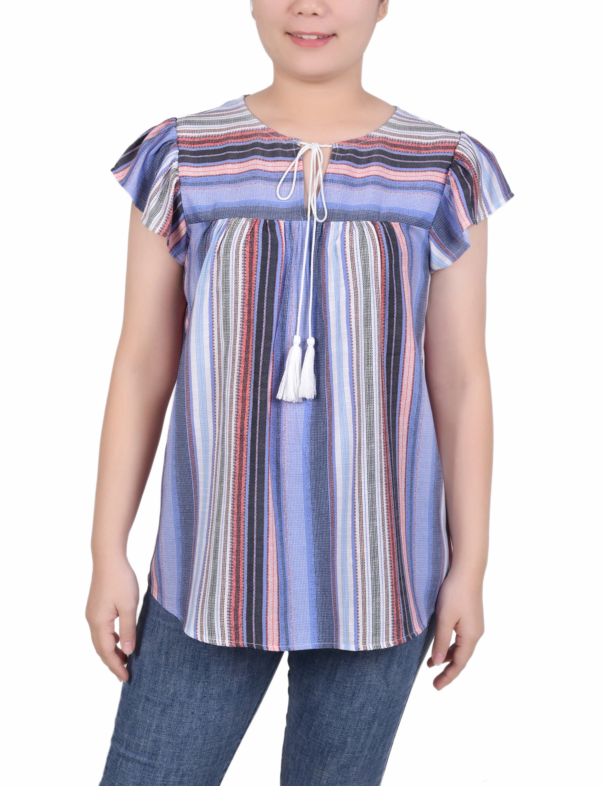 Bonded Seam Technique Unlined Design Petite Flutter Sleeve Vertical Striped Blouse
