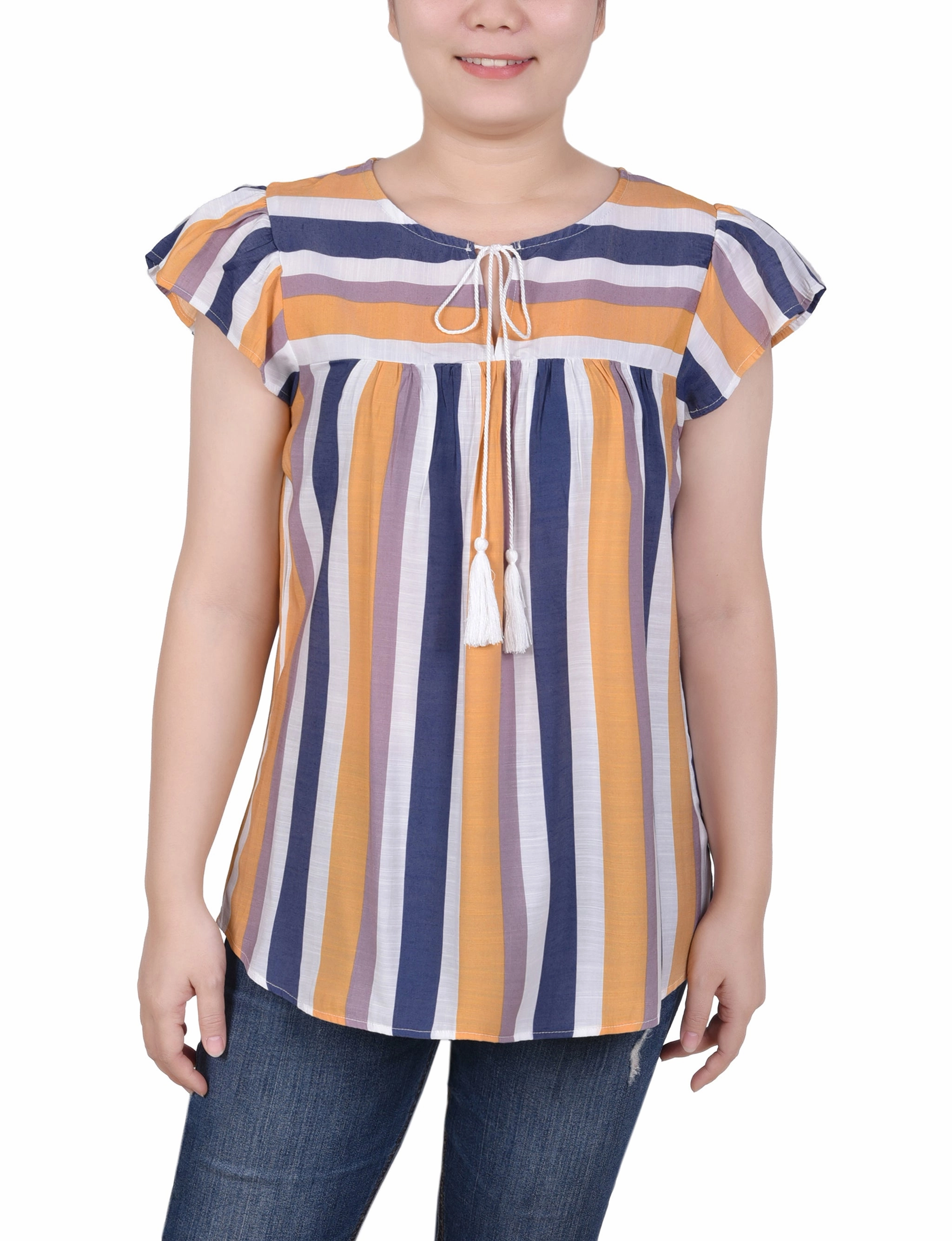 Thermal Regulating Design Layered Collar System Petite Flutter Sleeve Vertical Striped Blouse